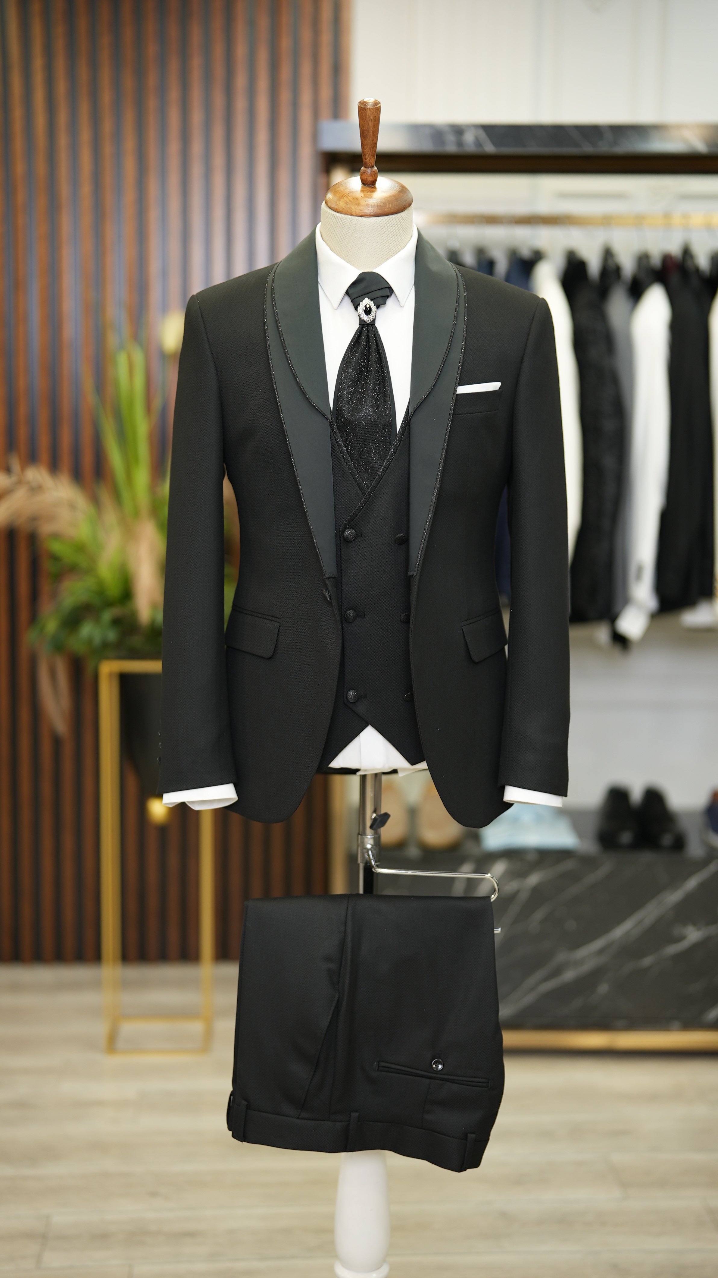 Slim Fit Smokin Damatlık Ceket Yelek Pantolon Kravat-Siyah