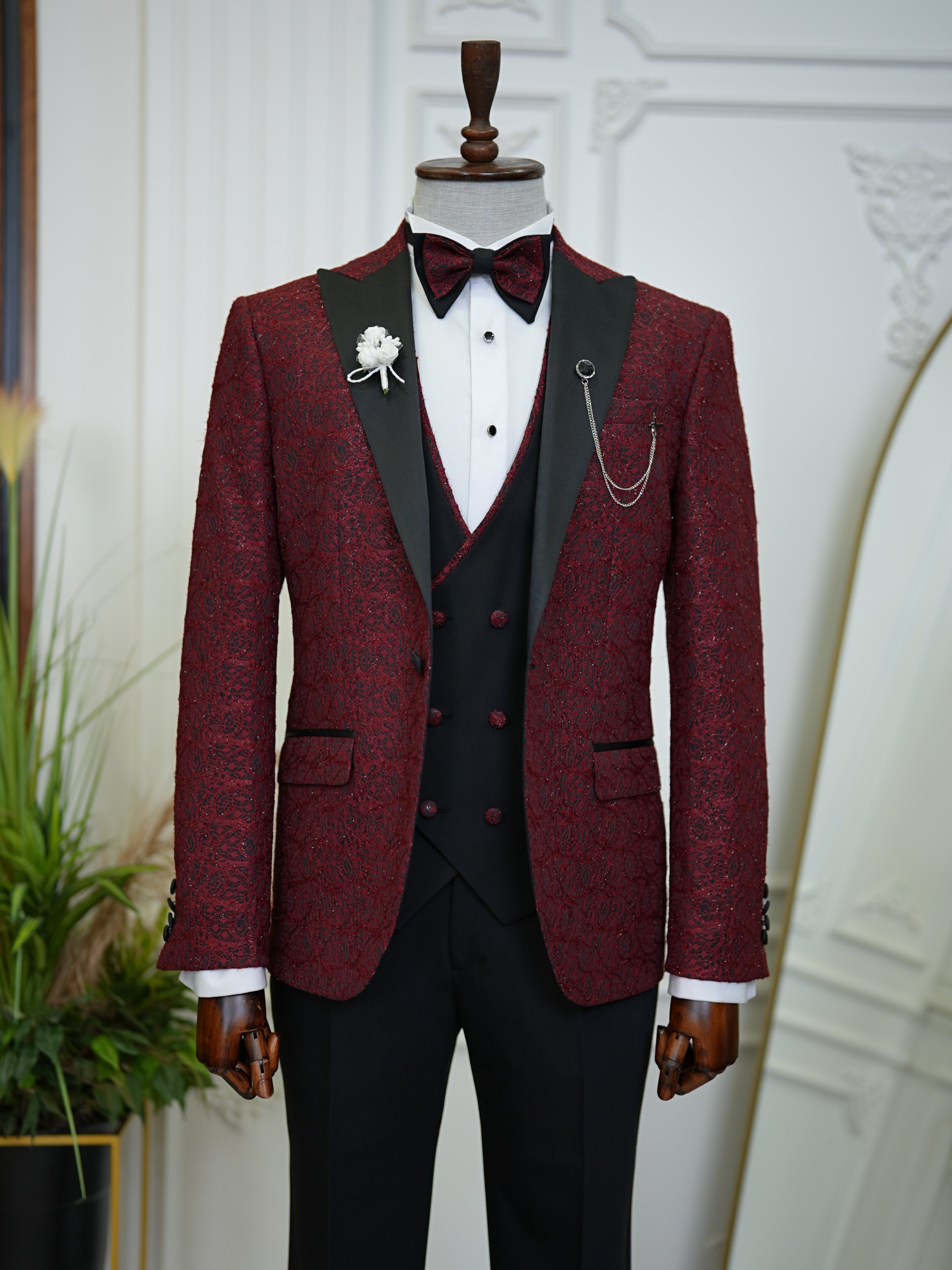 Erkek Smokin Damatlık Jakarlı Kırlangıç Yaka İtalyan Kesim Slim Fit Ceket Yelek Pantolon Papyon-Bordo