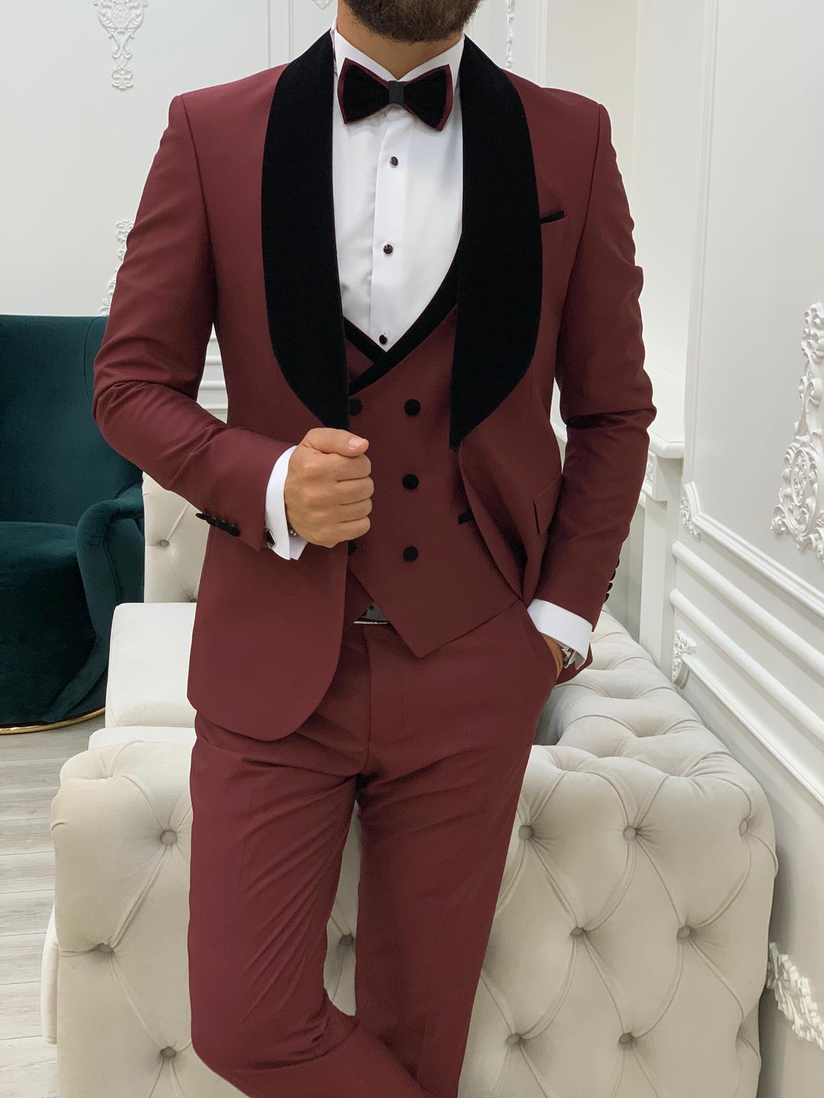 Slim Fit Smokin Damatlık Ceket Yelek Pantolon Papyon-Bordo