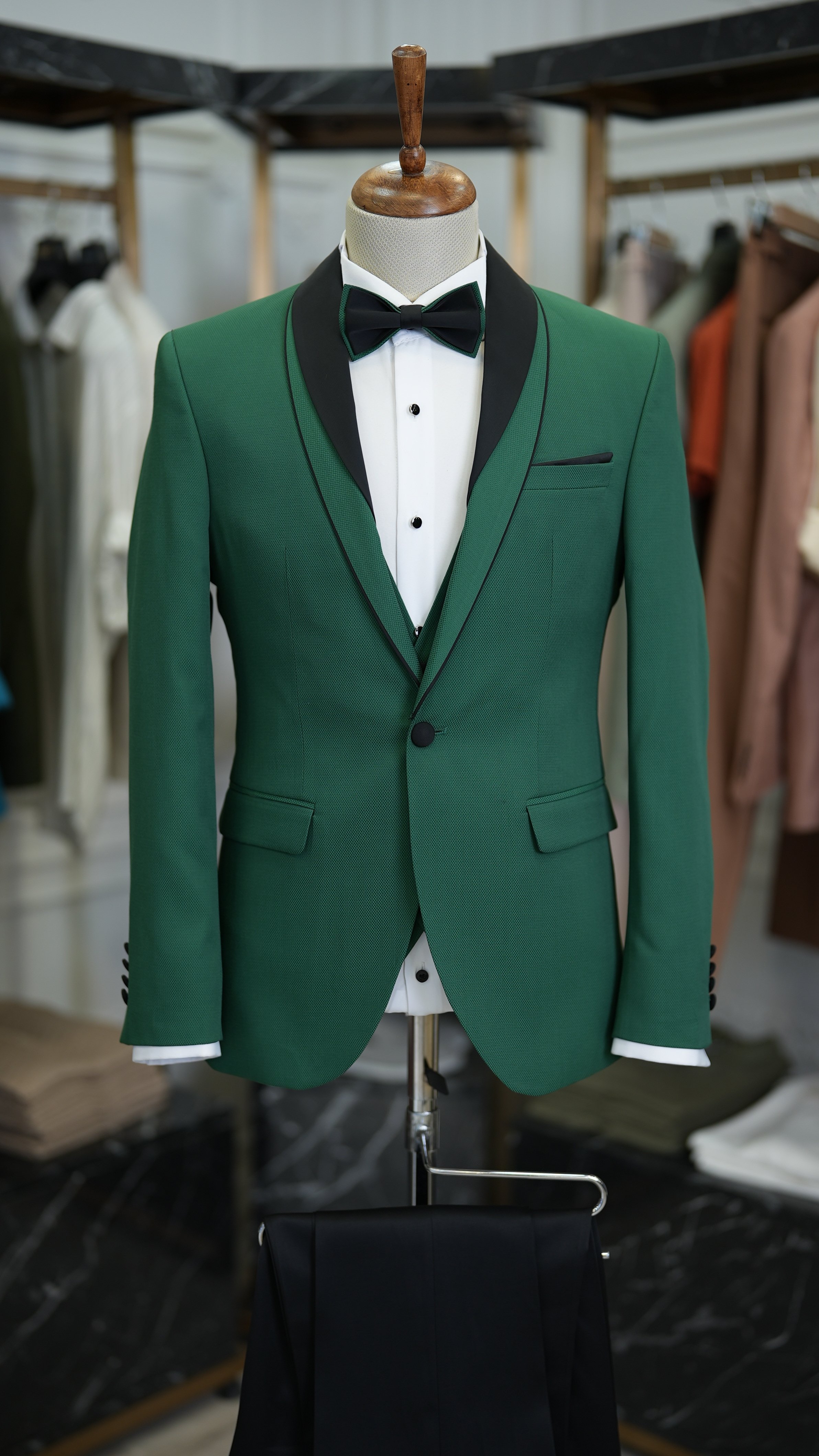 Slim Fit Smokin Damatlık Ceket Yelek Pantolon Papyon-Yeşil
