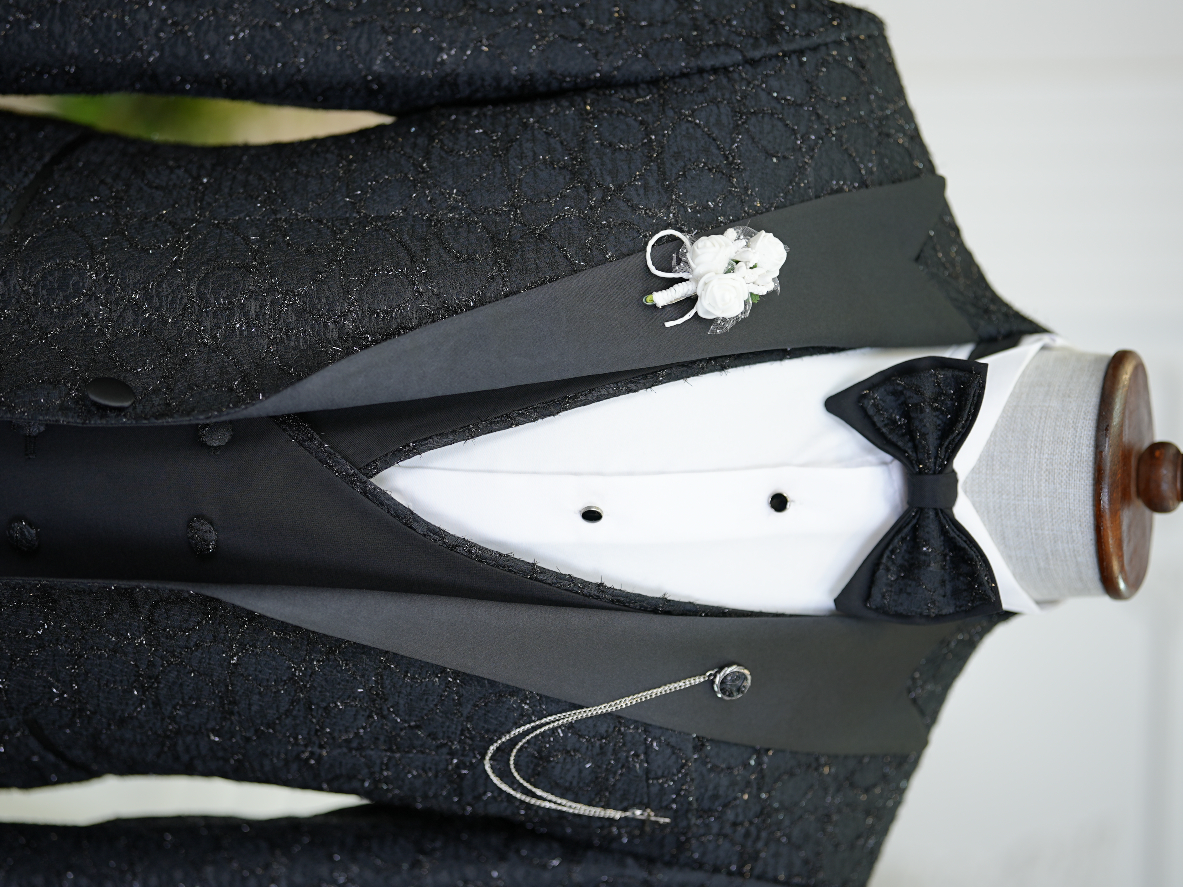 Erkek Smokin Damatlık Jakarlı Kırlangıç Yaka İtalyan Kesim Slim Fit Ceket Yelek Pantolon Papyon-Siyah