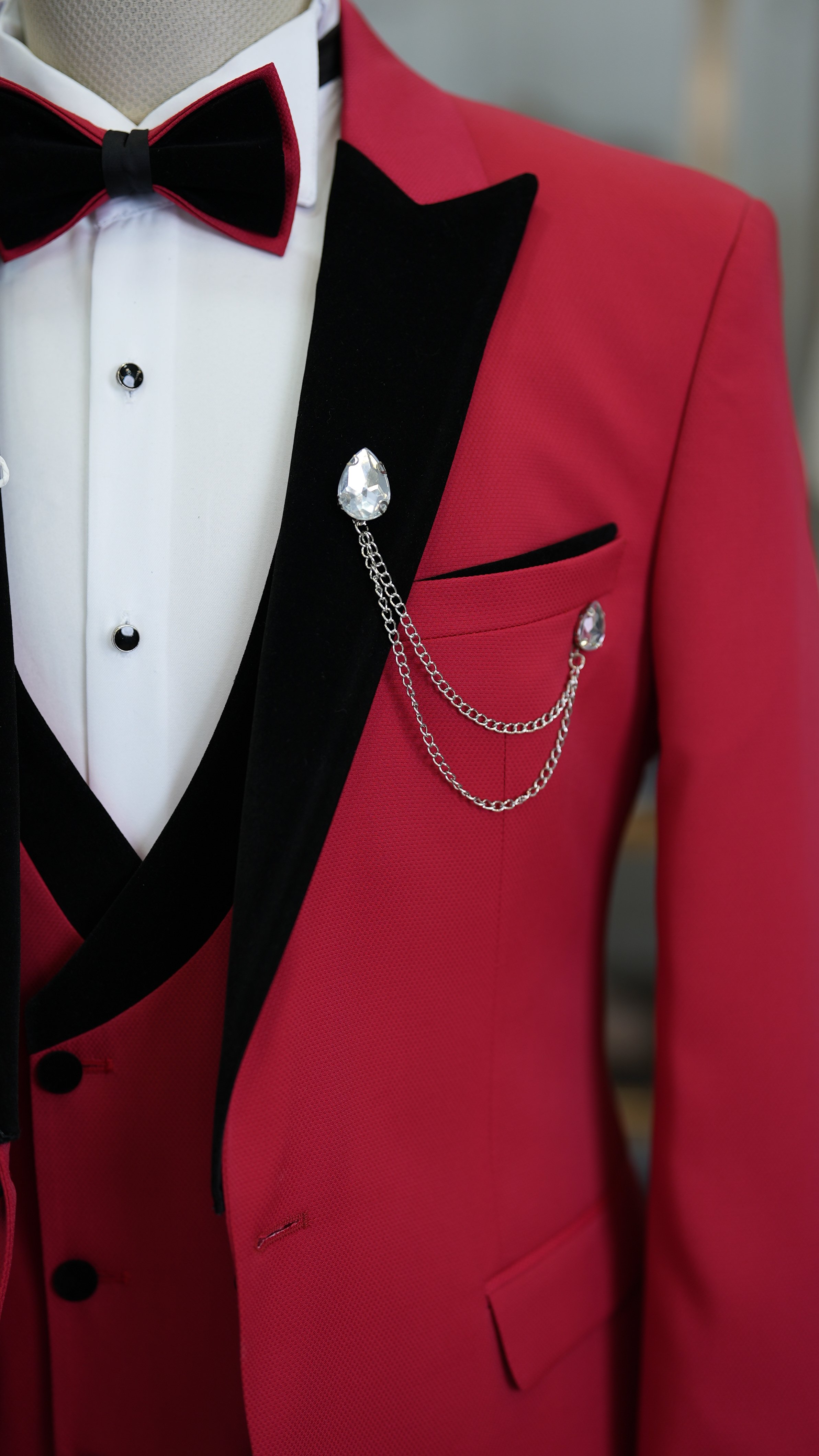  Erkek Smokin Damatlık Kadife Kırlangıç Yaka İtalyan Stil Slim Fit Ceket Yelek Pantolon Papyon-Kırmızı