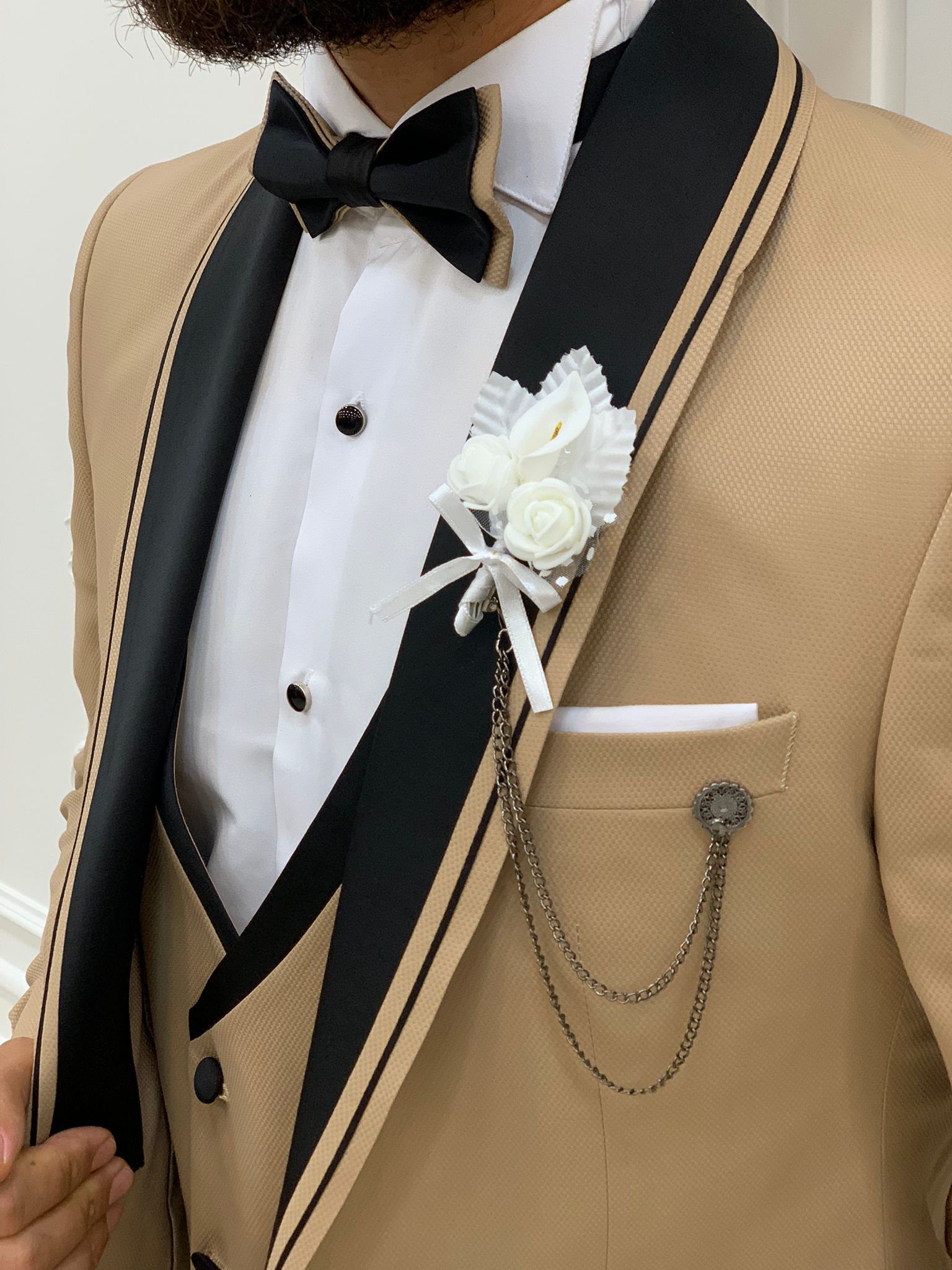 Slim Fit Tuxedo Groom Suit Jacket Vest Trousers Bow Tie - Cream