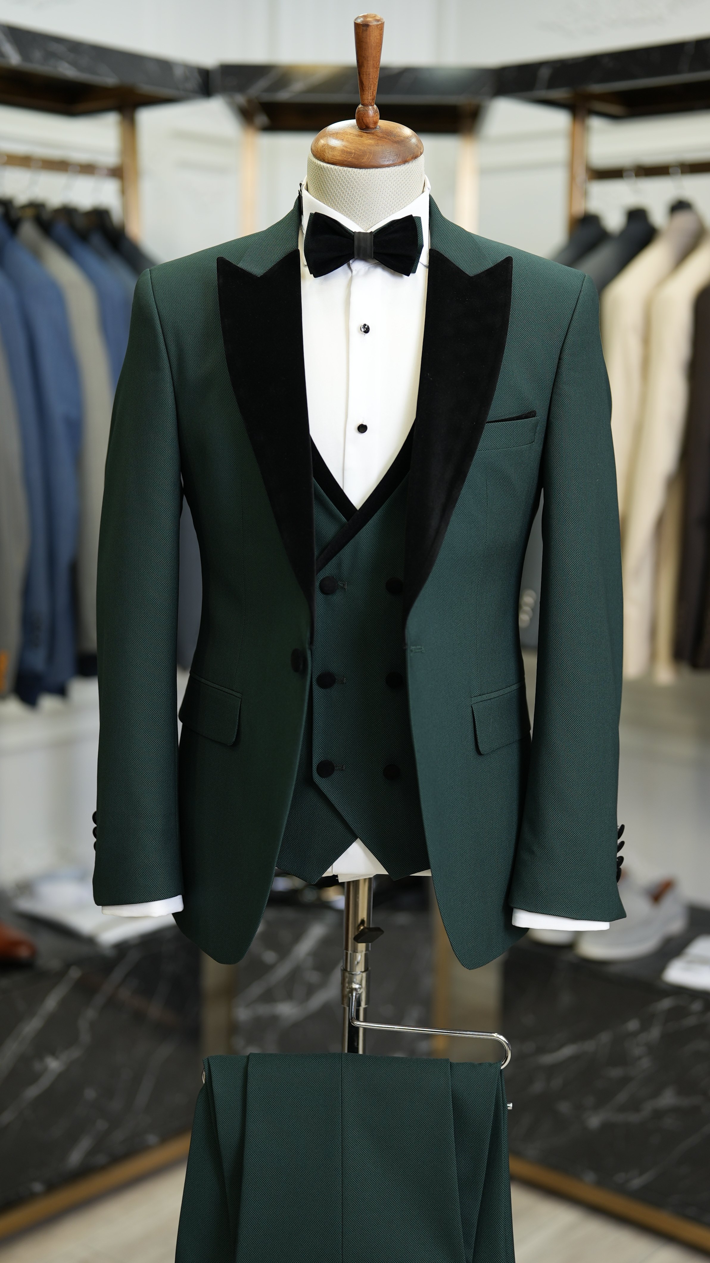 Giacca da smoking da sposo slim fit, gilet, pantaloni, papillon - kaki