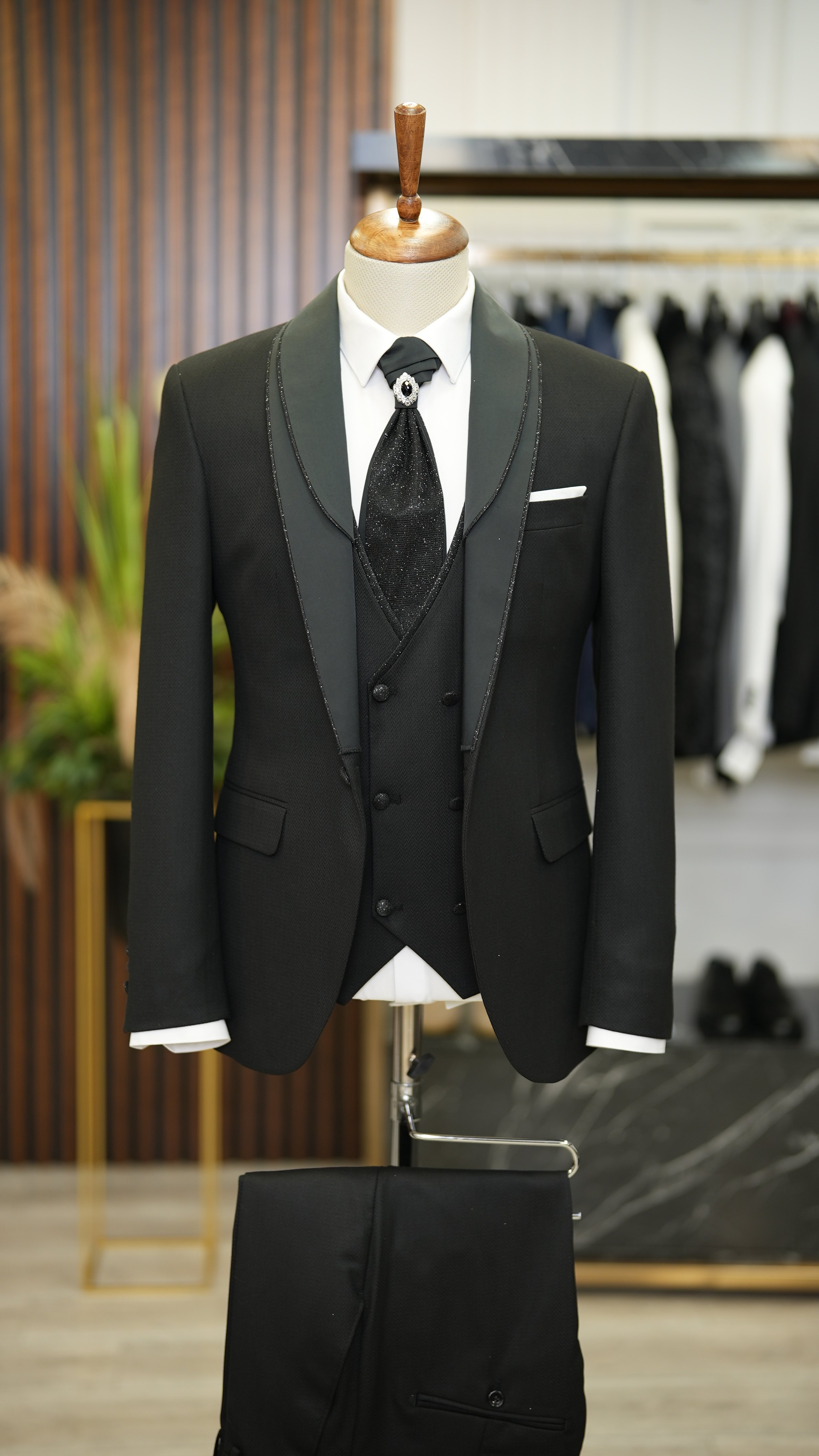 Slim Fit Smokin Damatlık Ceket Yelek Pantolon Kravat-Siyah
