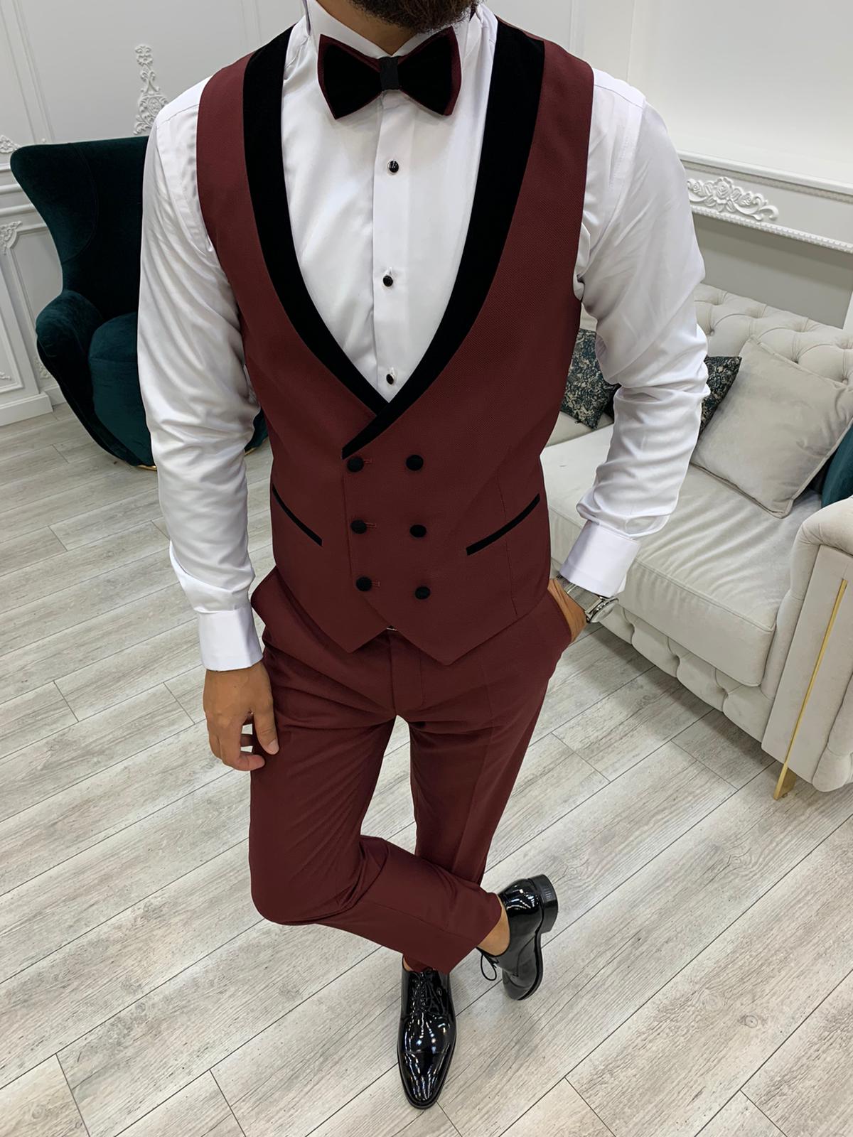 Slim Fit Smokin Damatlık Ceket Yelek Pantolon Papyon-Bordo