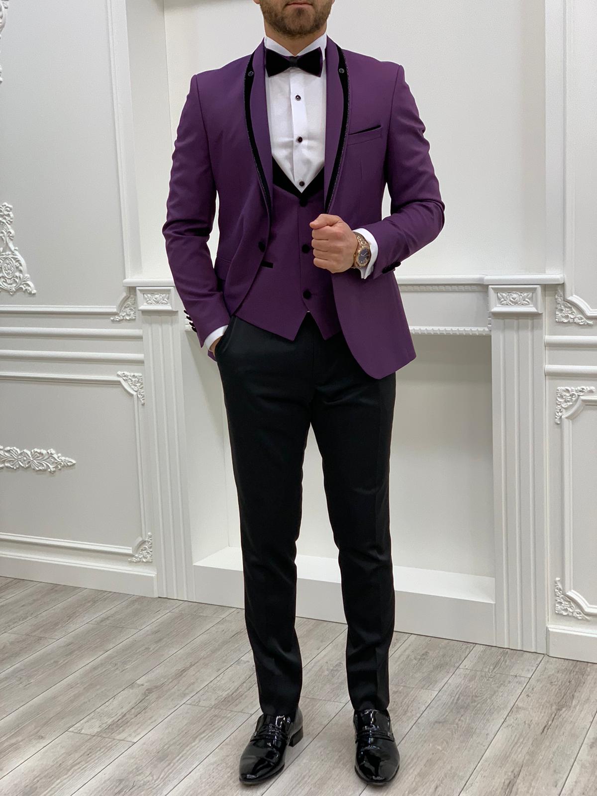 Slim Fit Tuxedo Grooms Jacket Vest Trousers Bow Tie - Purple