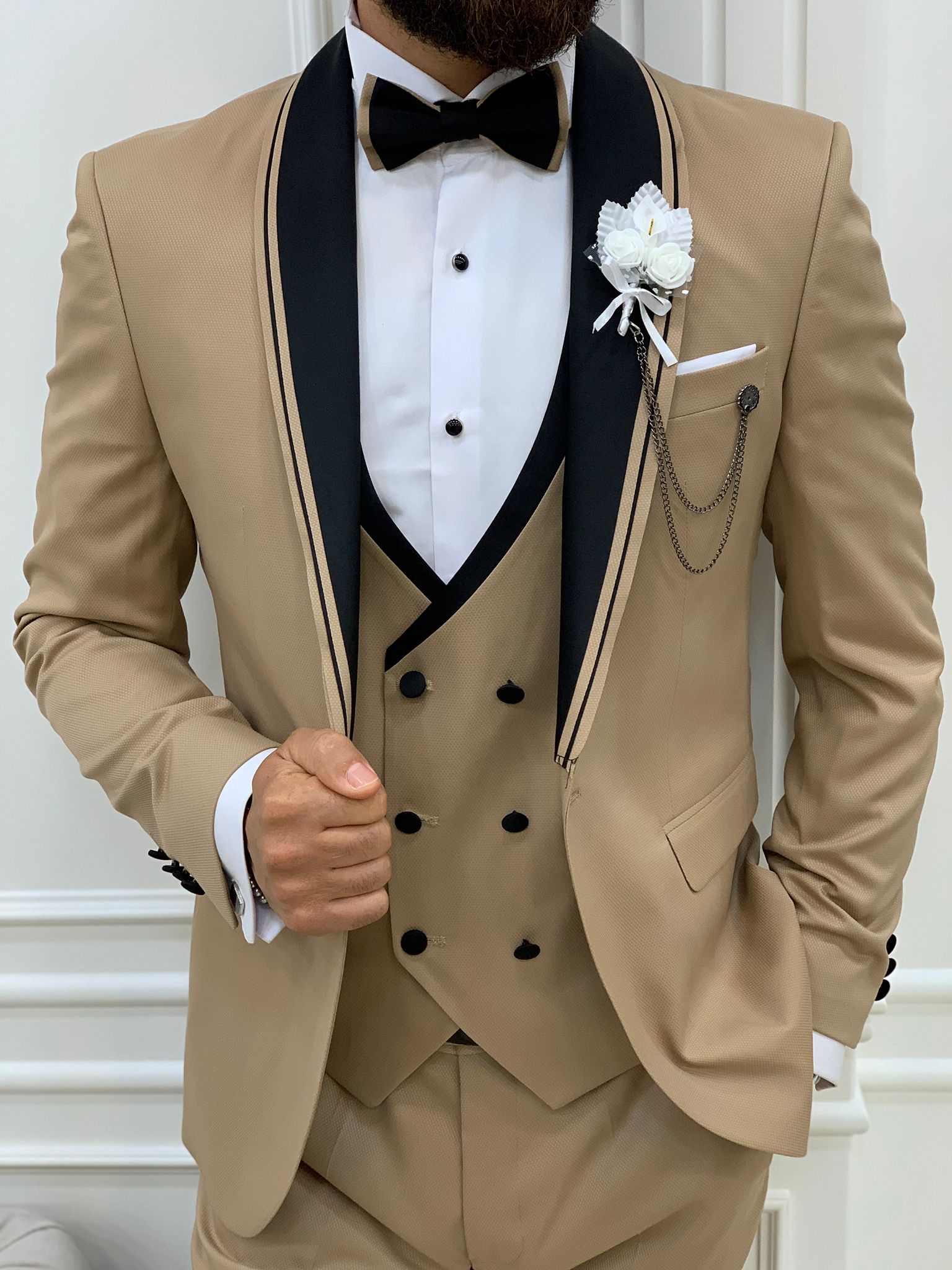 Slim Fit Tuxedo Groom Suit Jacket Vest Trousers Bow Tie - Cream