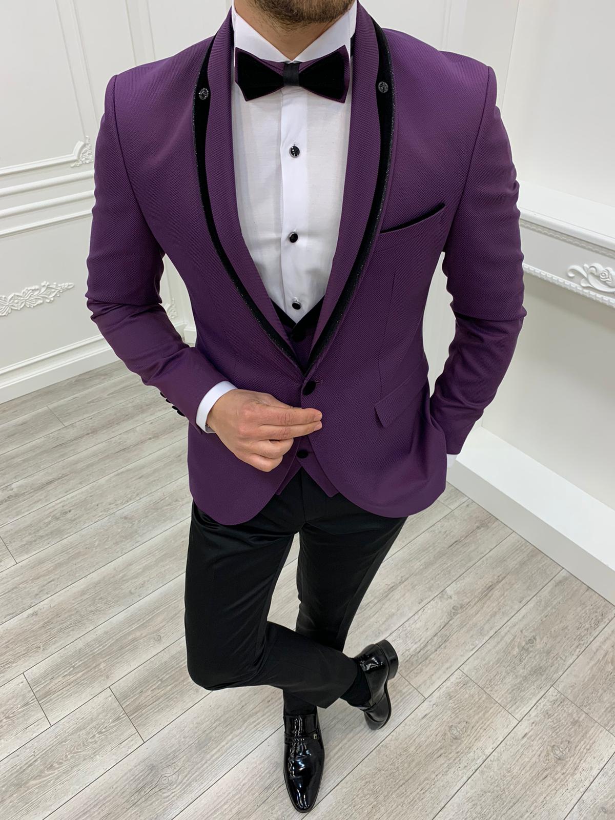 Slim Fit Tuxedo Grooms Jacket Vest Trousers Bow Tie - Purple