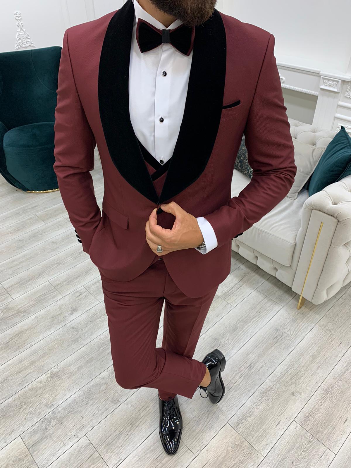 Slim Fit Smokin Damatlık Ceket Yelek Pantolon Papyon-Bordo