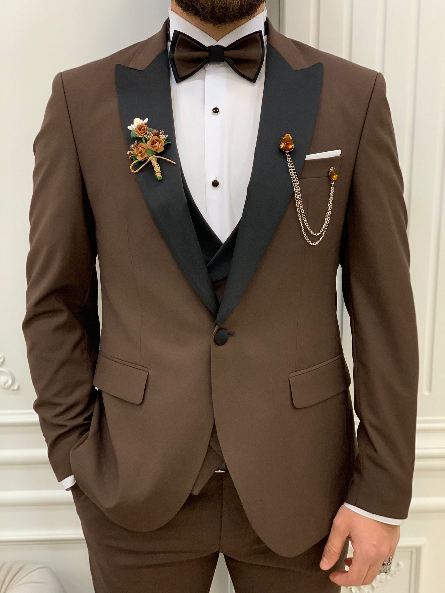 Slim Fit Smokin Damatlık Ceket Yelek Pantolon Papyon-Acı Kahve