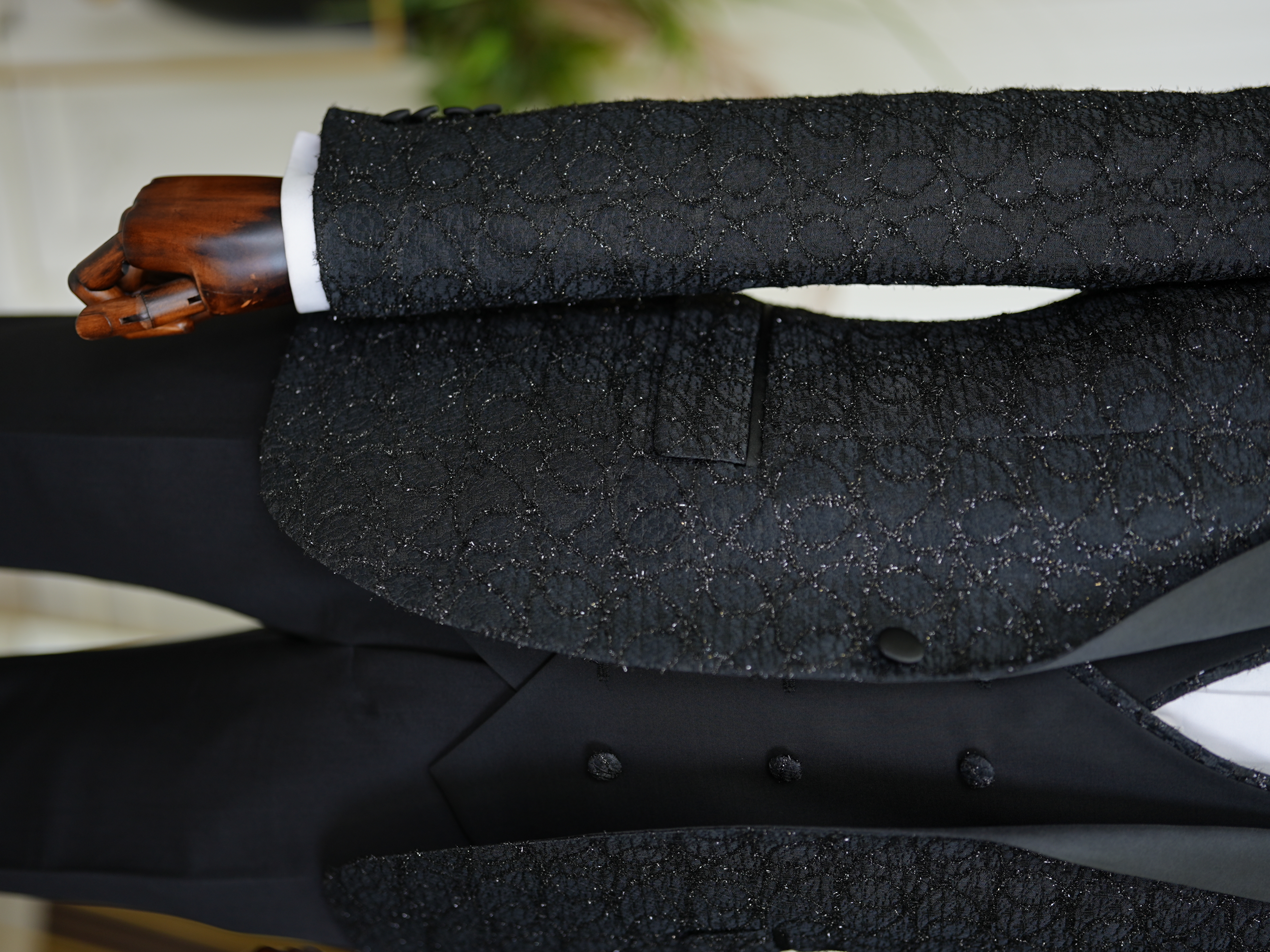 Erkek Smokin Damatlık Jakarlı Kırlangıç Yaka İtalyan Kesim Slim Fit Ceket Yelek Pantolon Papyon-Siyah
