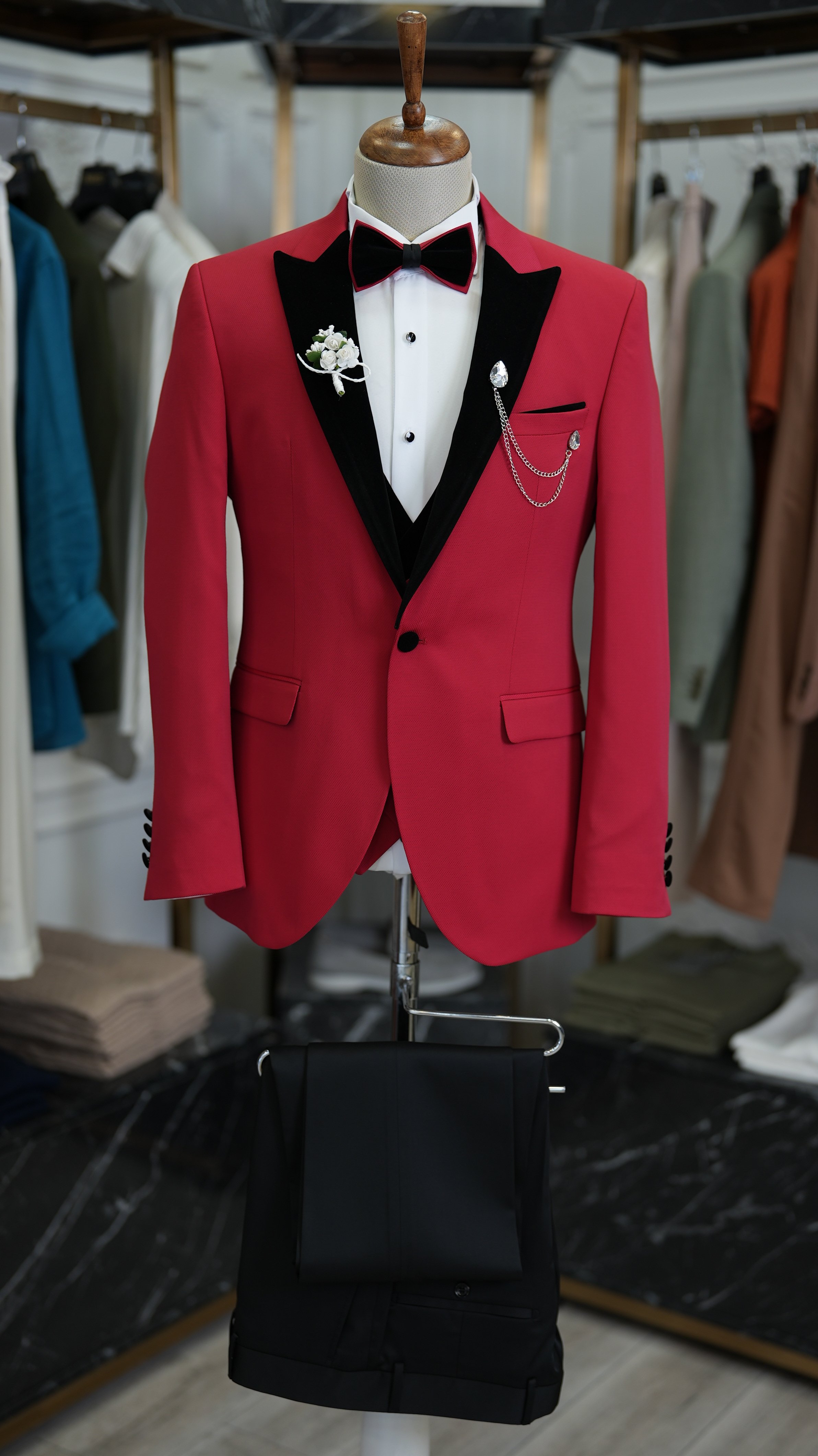  Erkek Smokin Damatlık Kadife Kırlangıç Yaka İtalyan Stil Slim Fit Ceket Yelek Pantolon Papyon-Kırmızı