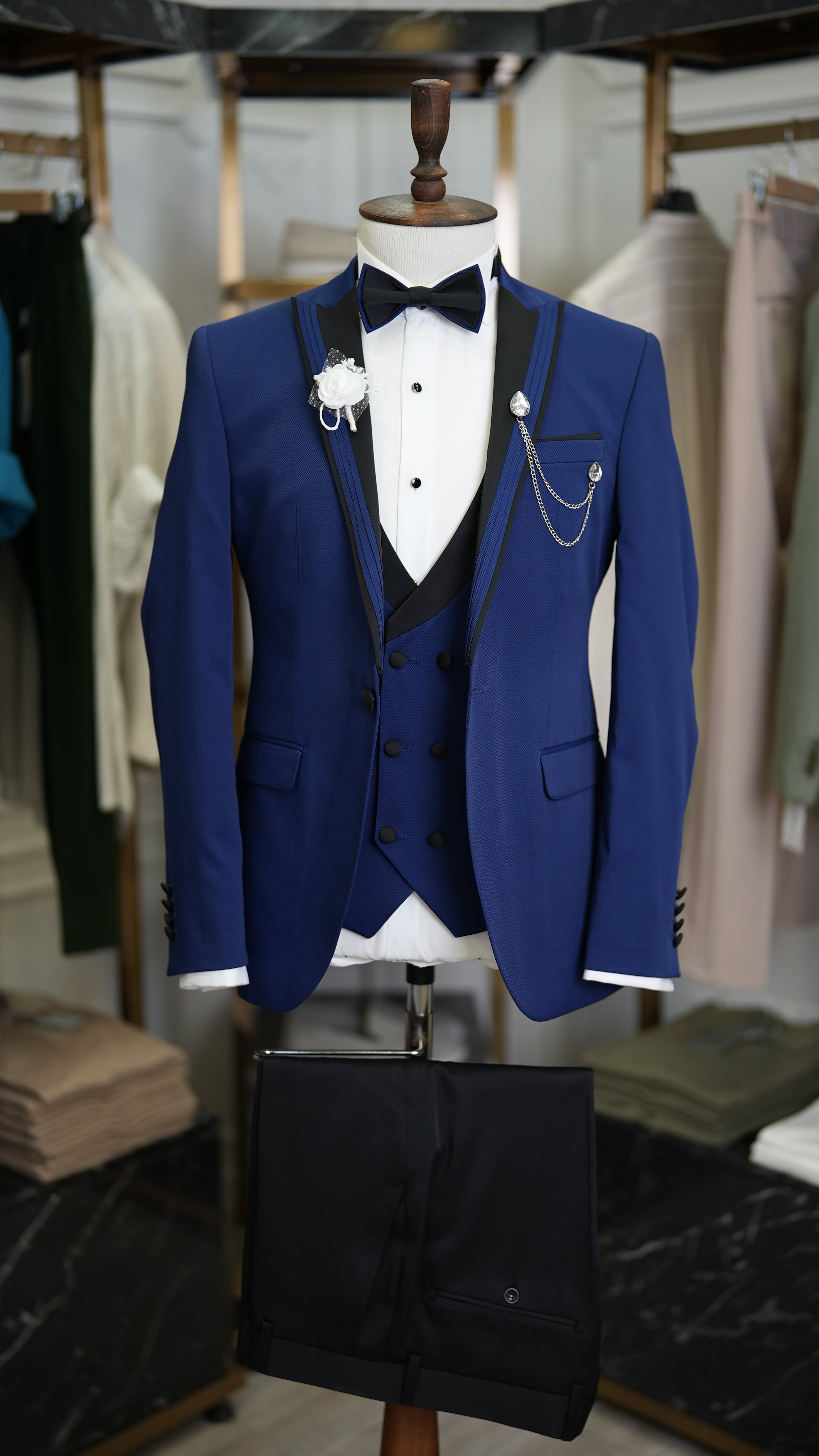 Slim Fit Smokin Damatlık Ceket Yelek Pantolon Papyon - Saks Mavisi