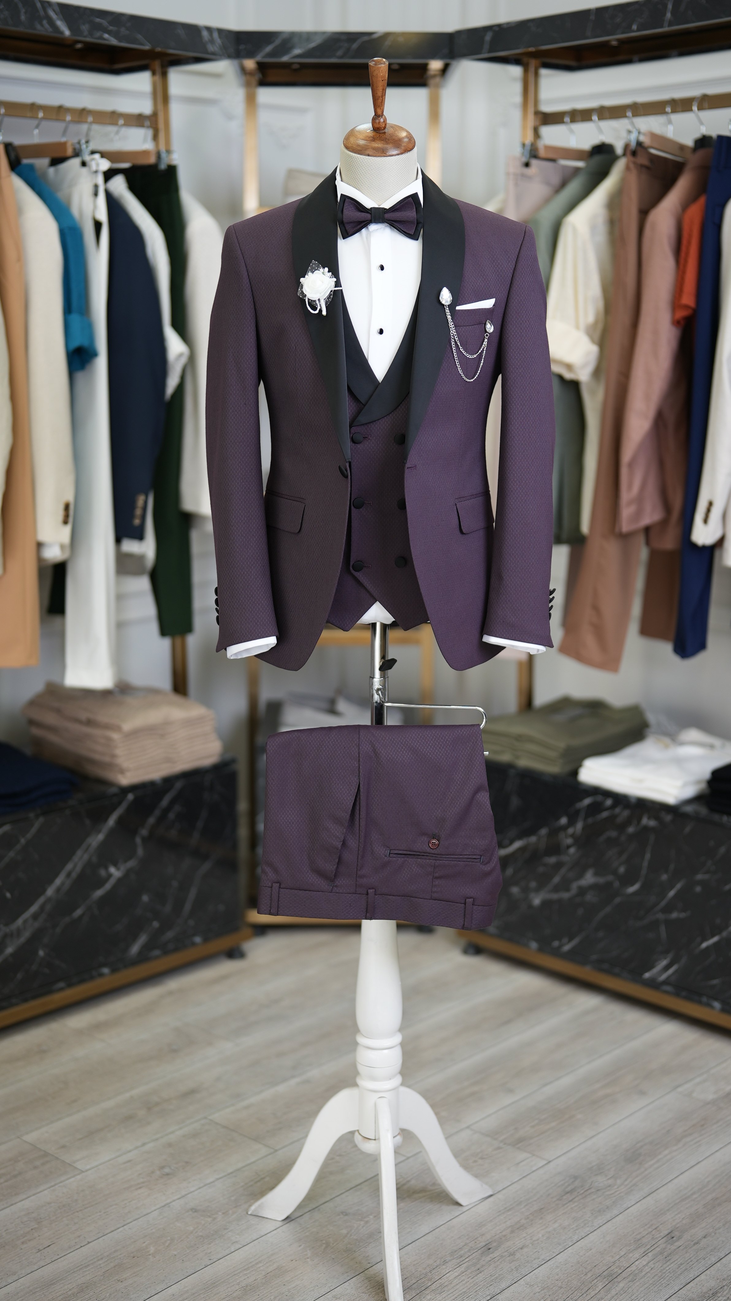 Slim Fit Smokin Damatlık Ceket Yelek Pantolon Papyon-Mor