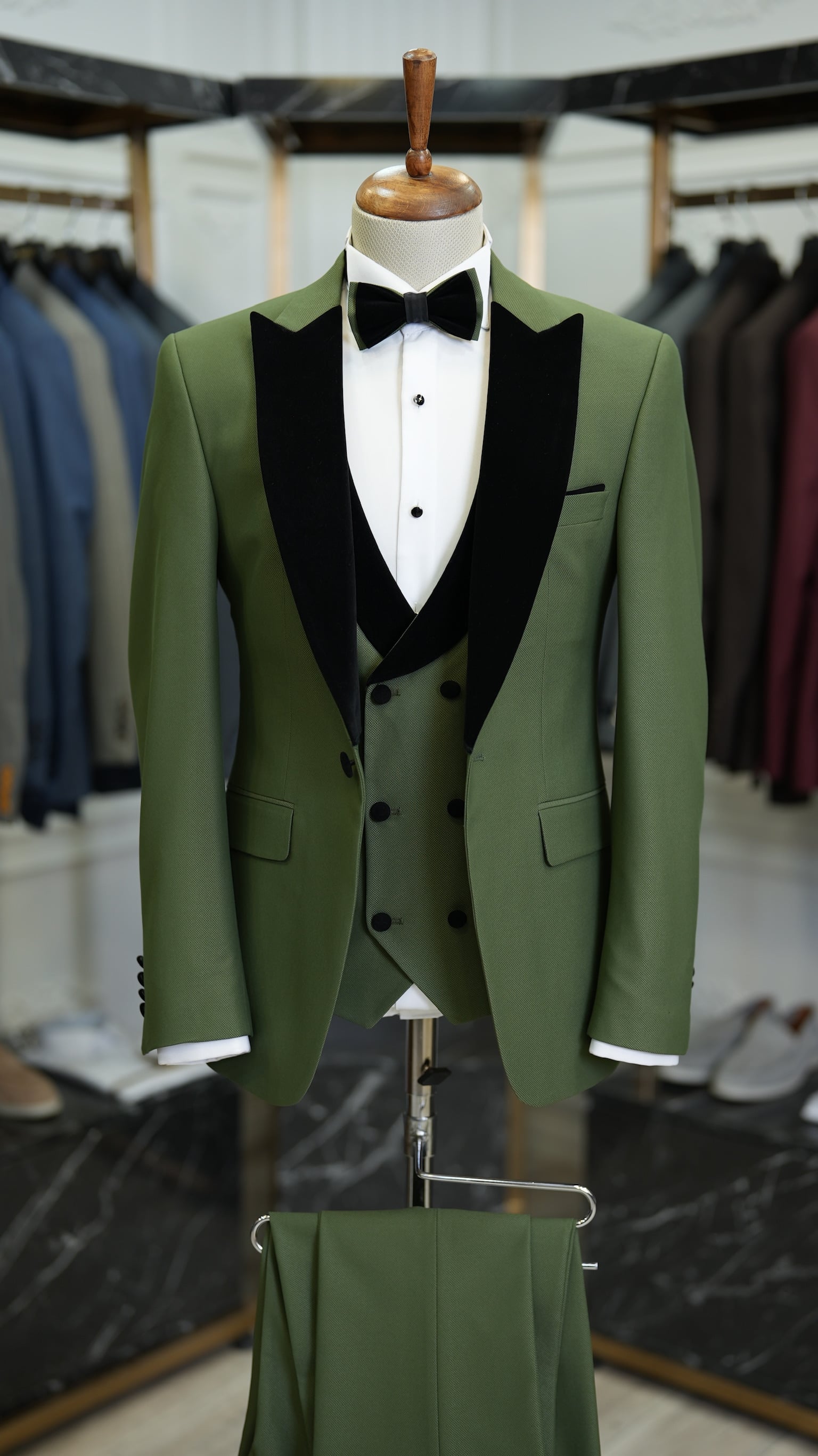 Giacca da smoking da sposo slim fit, gilet, pantaloni, papillon - Verde