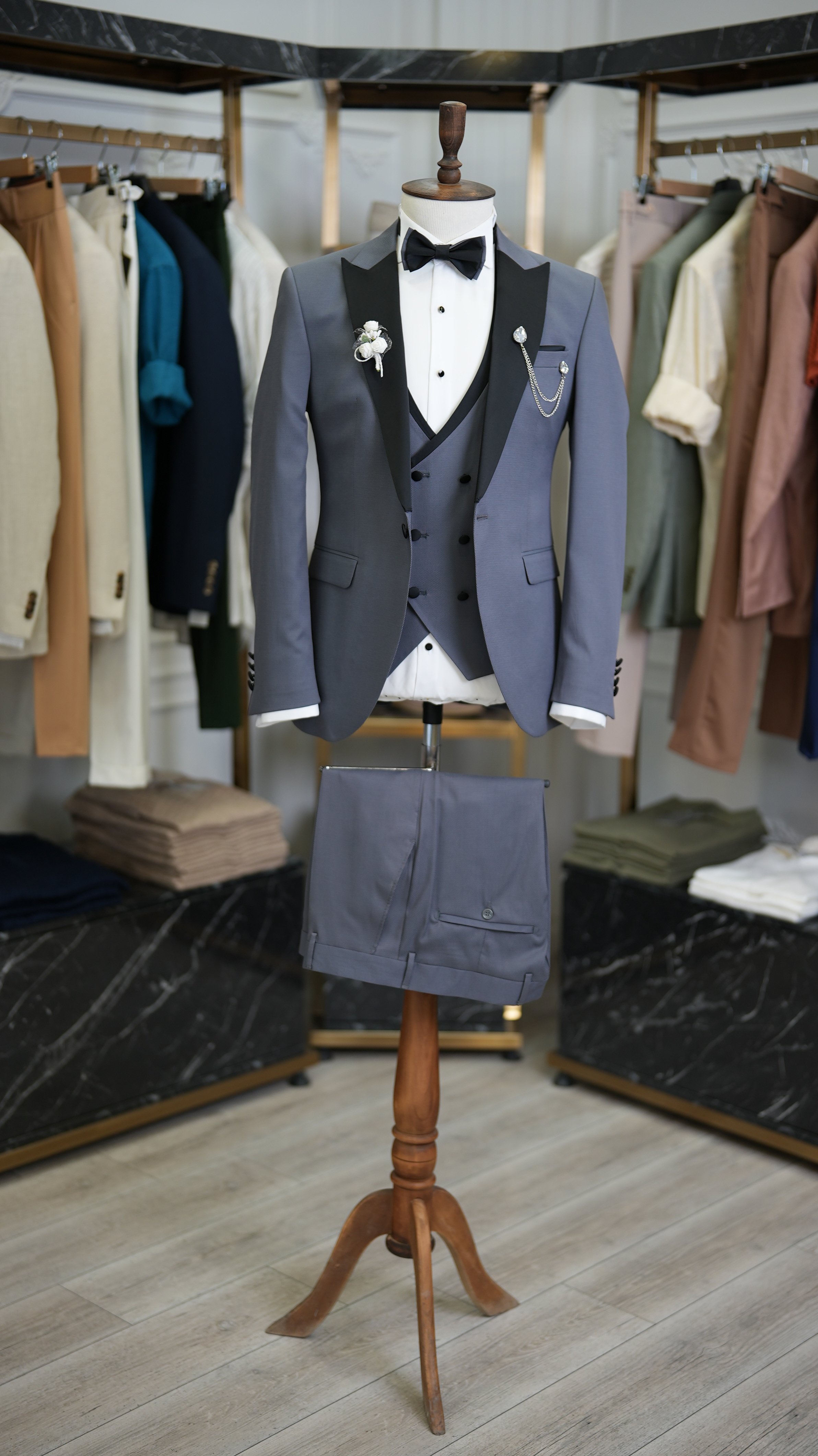 Slim Fit Smokin Damatlık Ceket Yelek Pantolon Papyon - Gri