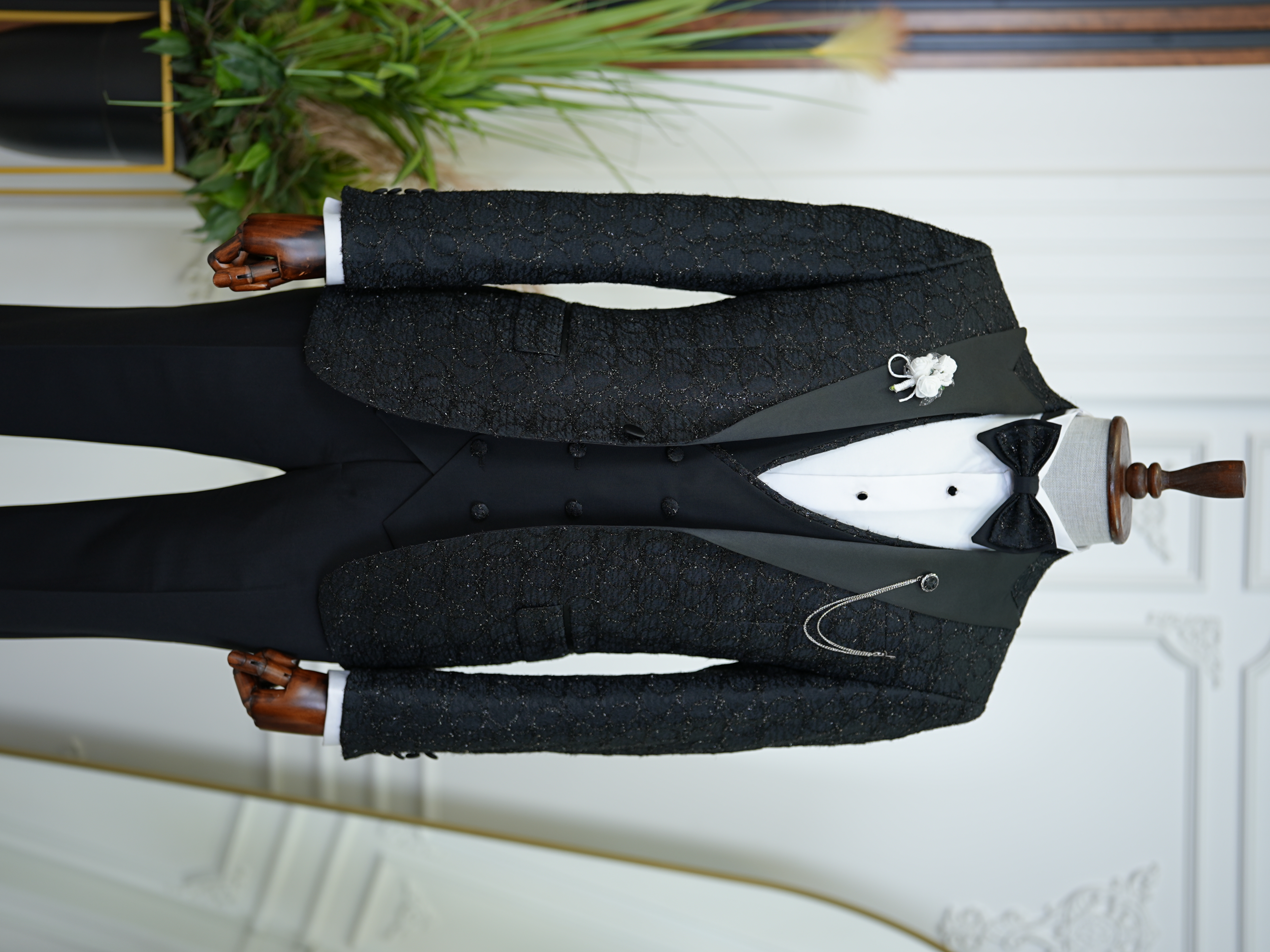 Erkek Smokin Damatlık Jakarlı Kırlangıç Yaka İtalyan Kesim Slim Fit Ceket Yelek Pantolon Papyon-Siyah