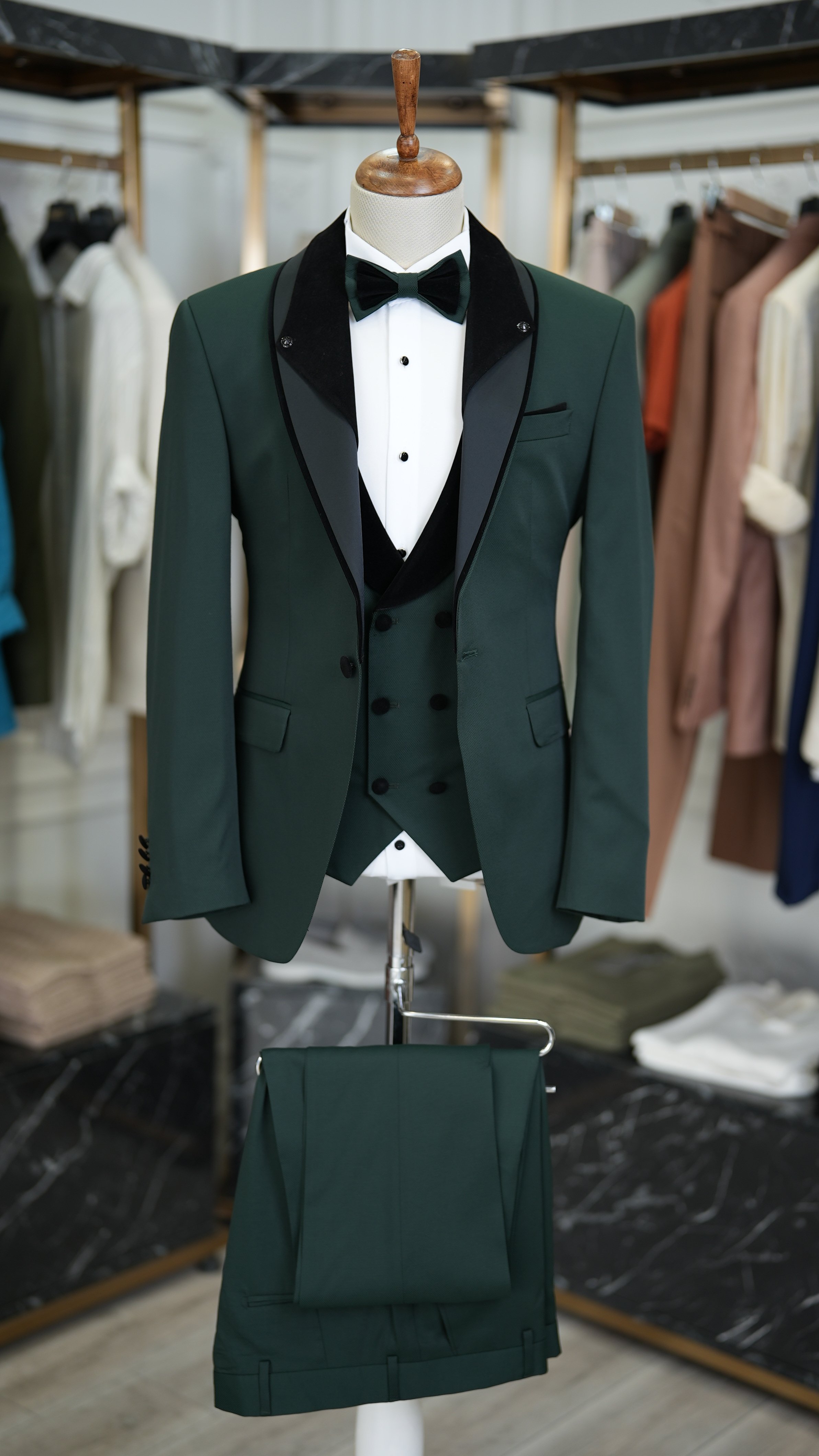 Slim Fit Smokin Damatlık Ceket Yelek Pantolon Papyon-Yeşil