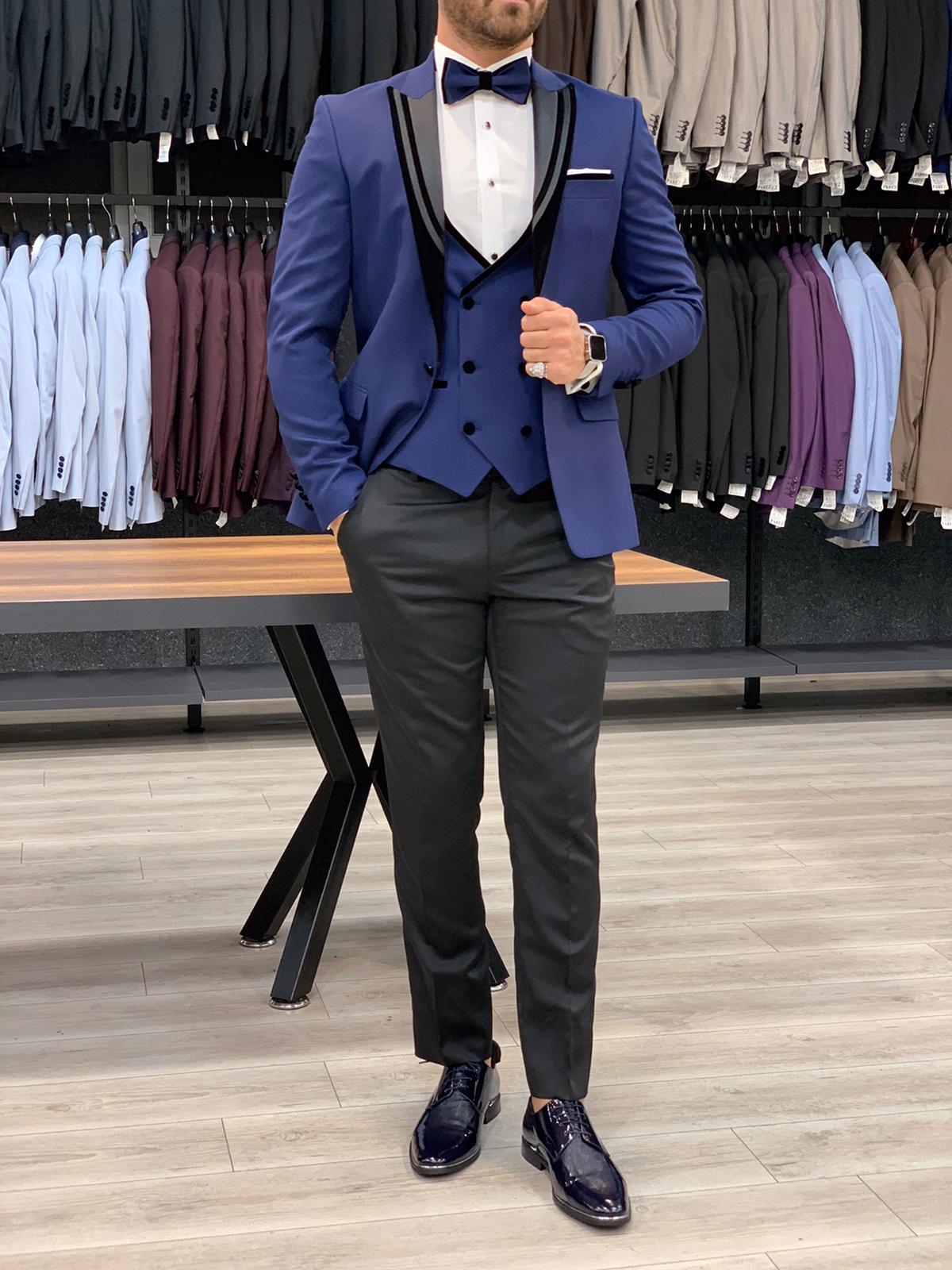 Slim Fit Tuxedo Groom Suit Jacket Vest Trousers Bow Tie - Navy Blue