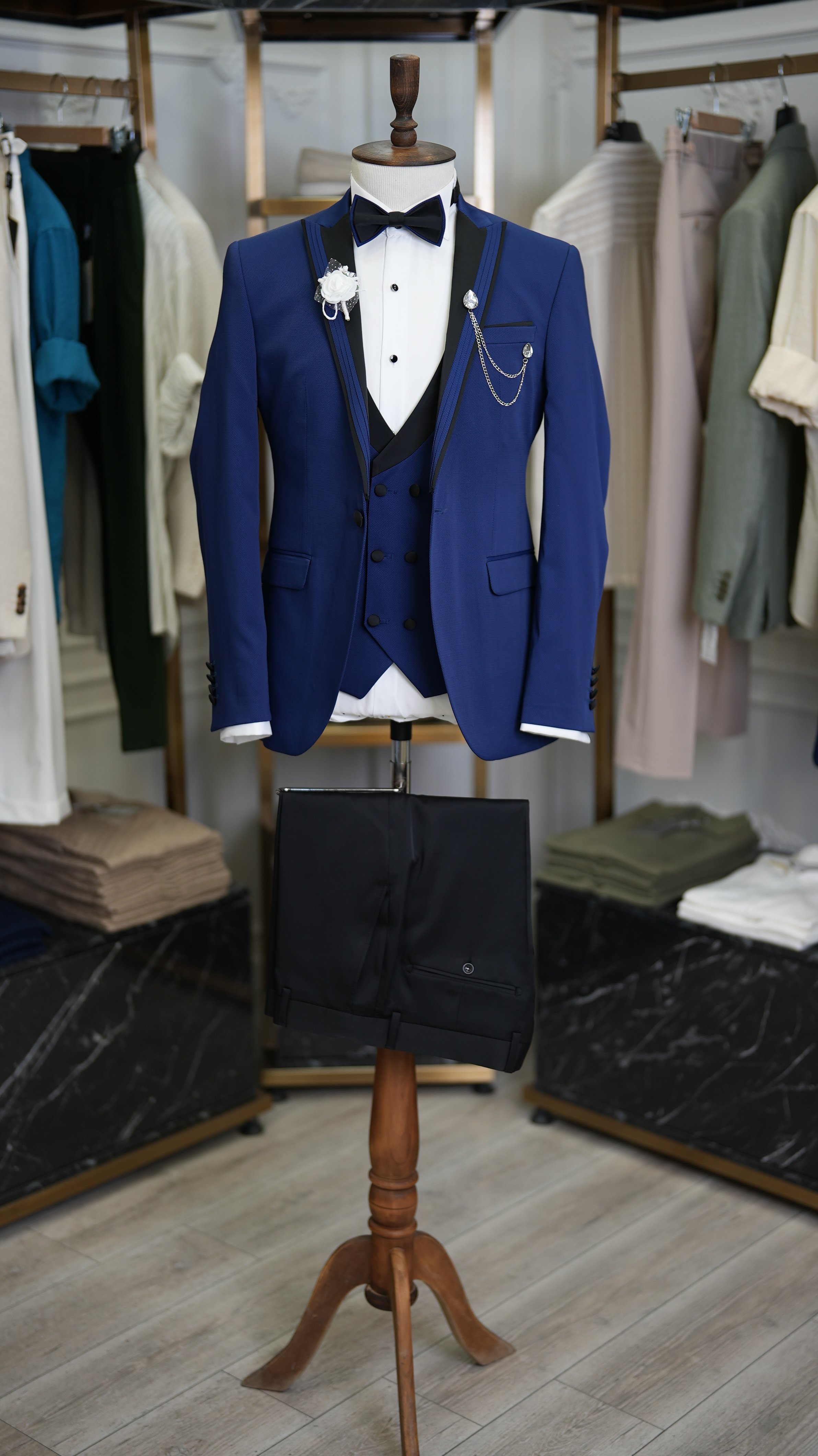 Slim Fit Smokin Damatlık Ceket Yelek Pantolon Papyon - Saks Mavisi