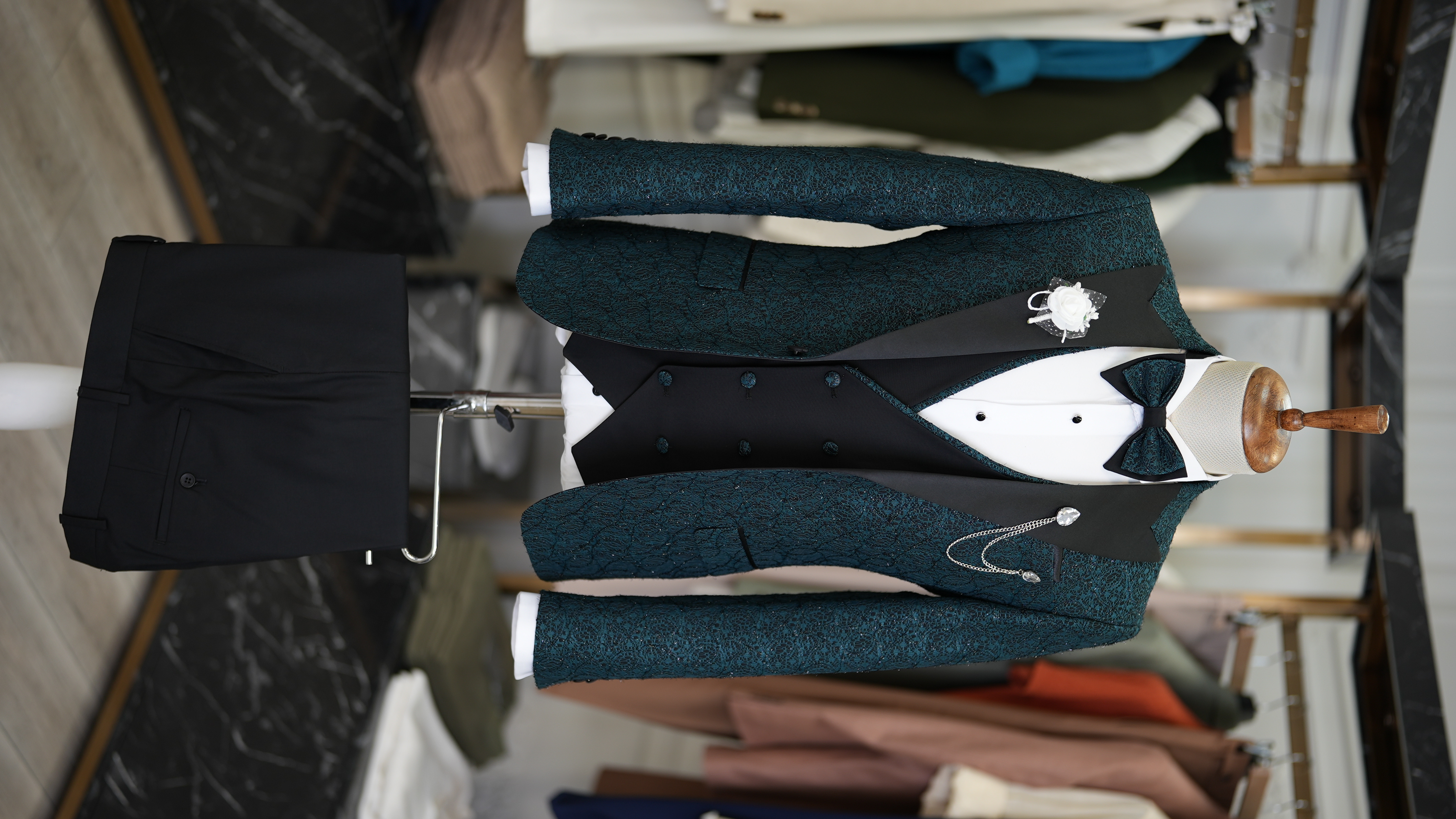 Slim Fit Smokin Damatlık Ceket Yelek Pantolon Papyon-Yeşil