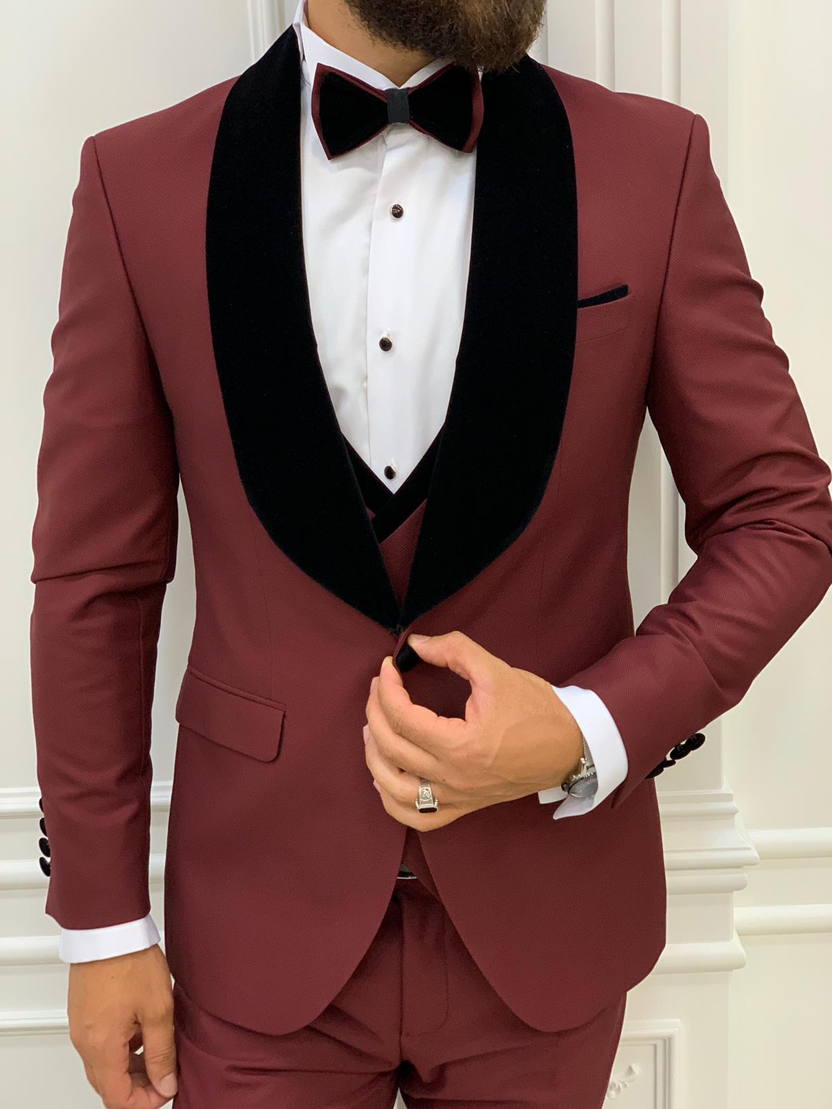 Slim Fit Smokin Damatlık Ceket Yelek Pantolon Papyon-Bordo