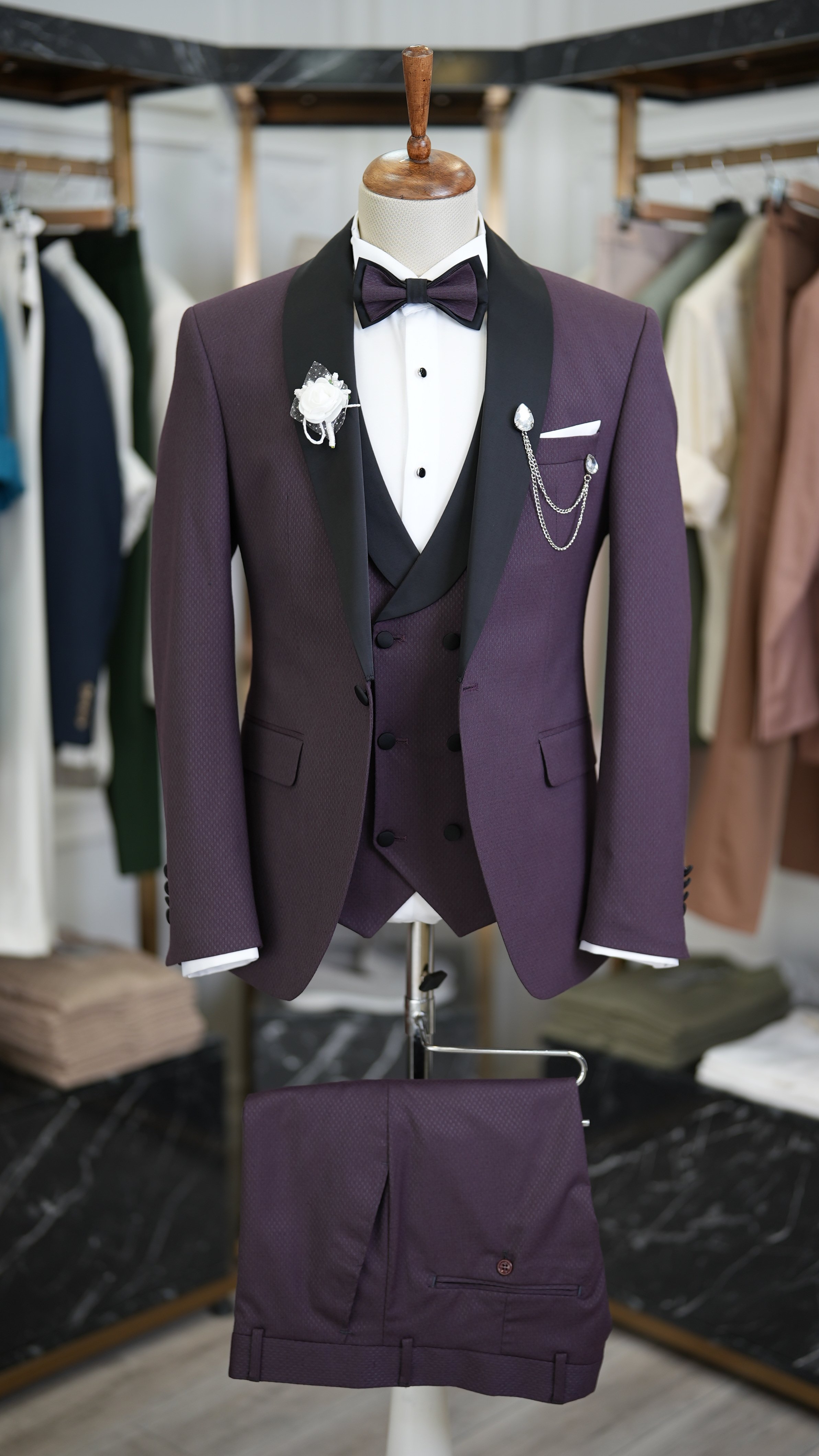 Slim Fit Smokin Damatlık Ceket Yelek Pantolon Papyon-Mor