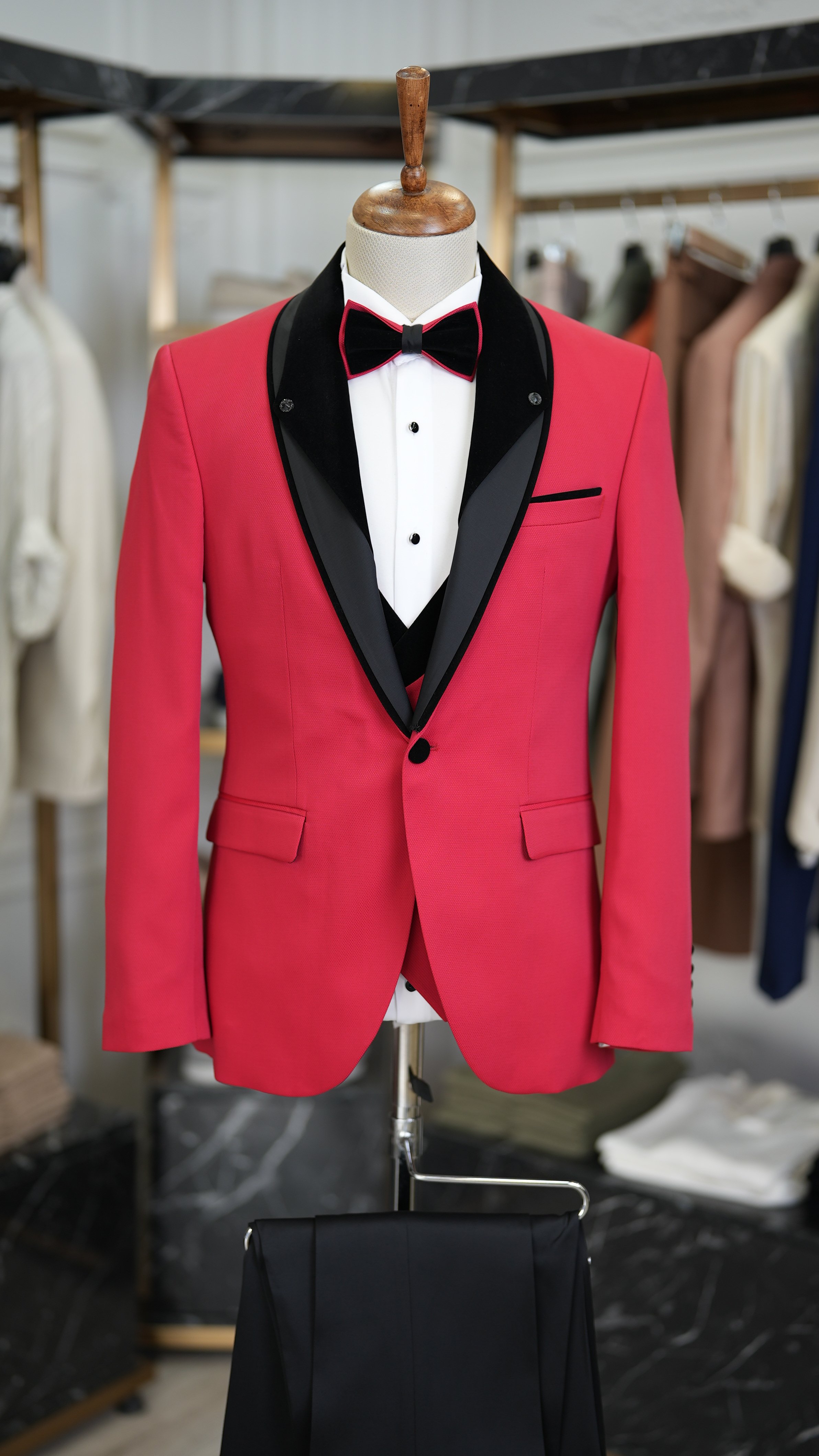 Slim Fit Smokin Damatlık Ceket Yelek Pantolon Papyon-Kırmızı