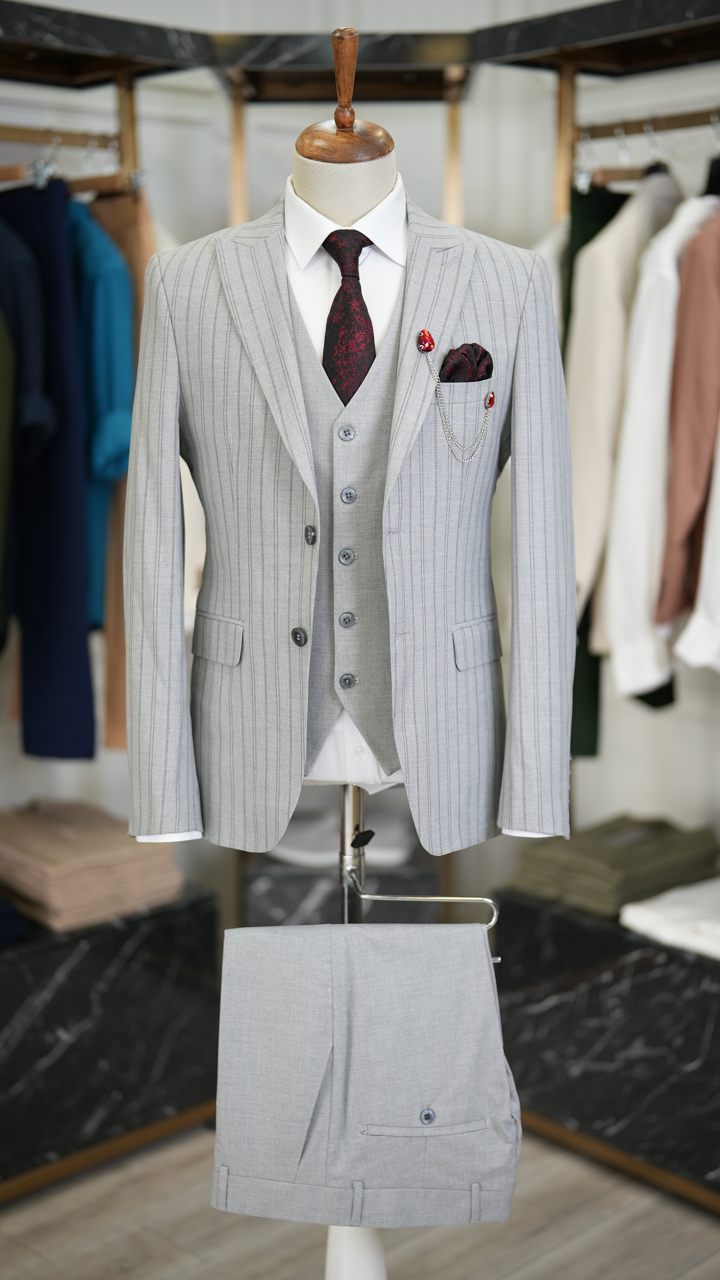 Slim Fit  Takım Elbise Ceket Yelek Pantolon - Gri
