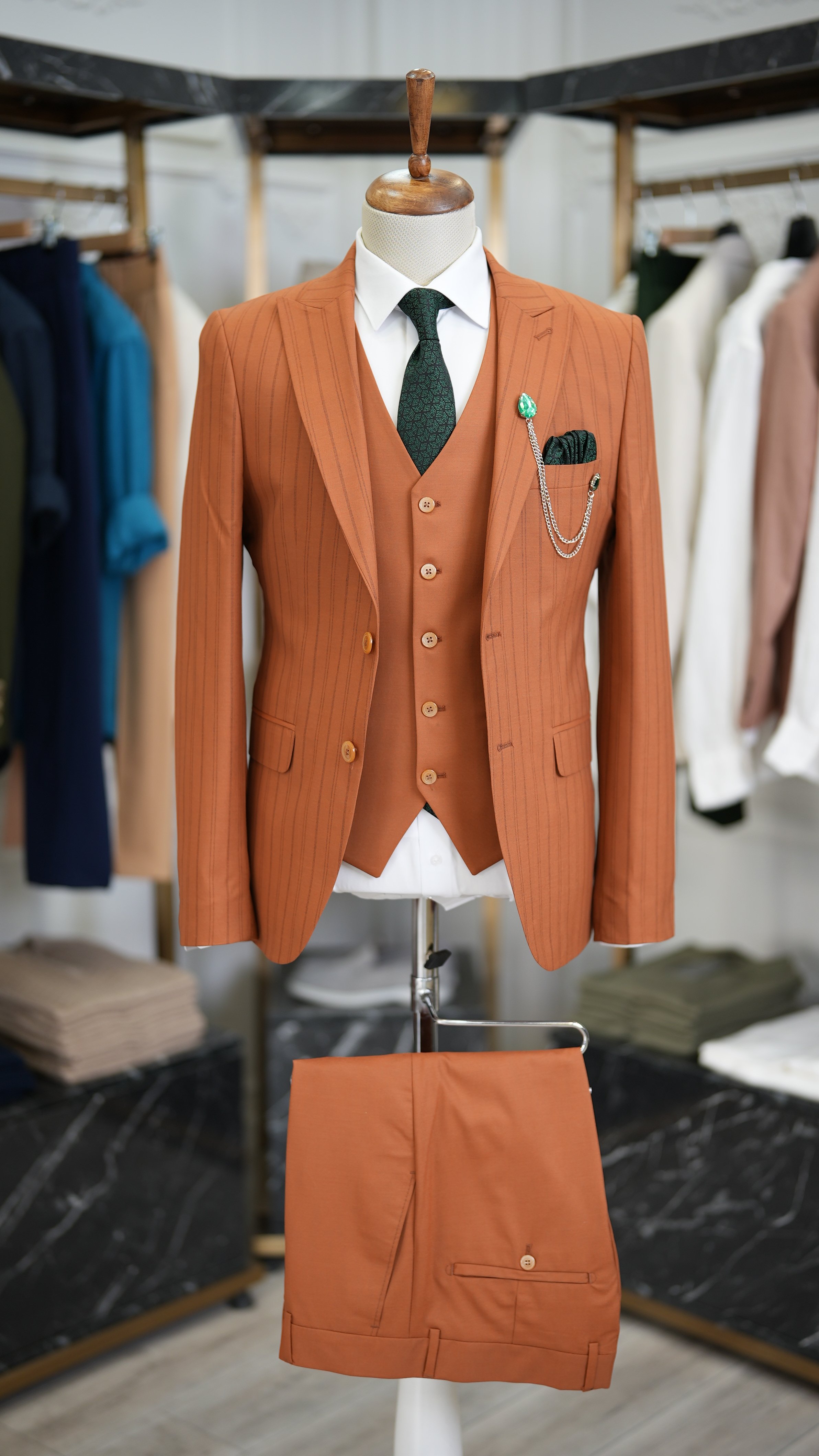 Slim Fit  Takım Elbise Ceket Yelek Pantolon - Kiremit