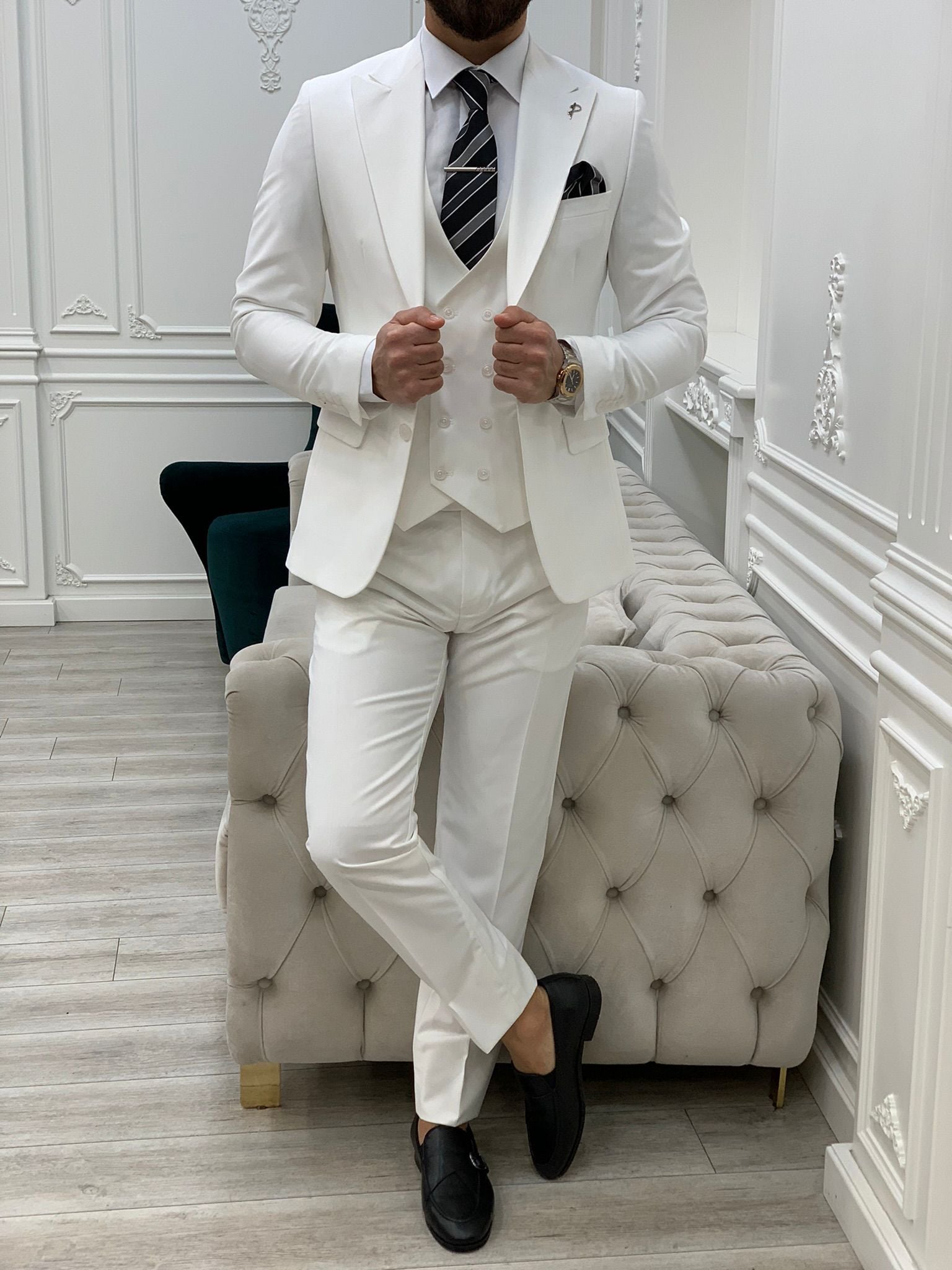 Slim Fit Takım Elbise Ceket Yelek Pantolon - Beyaz