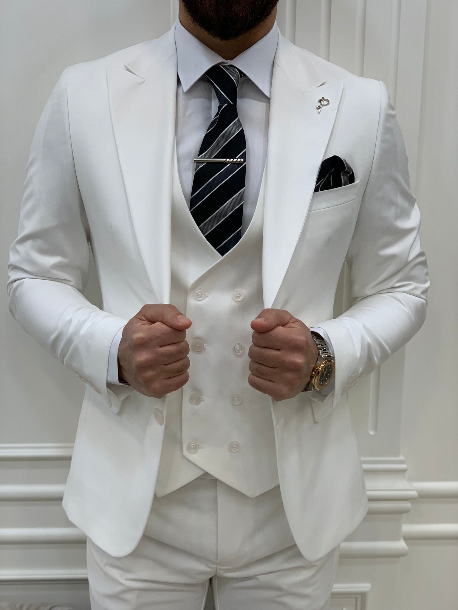 Slim Fit Takım Elbise Ceket Yelek Pantolon - Beyaz