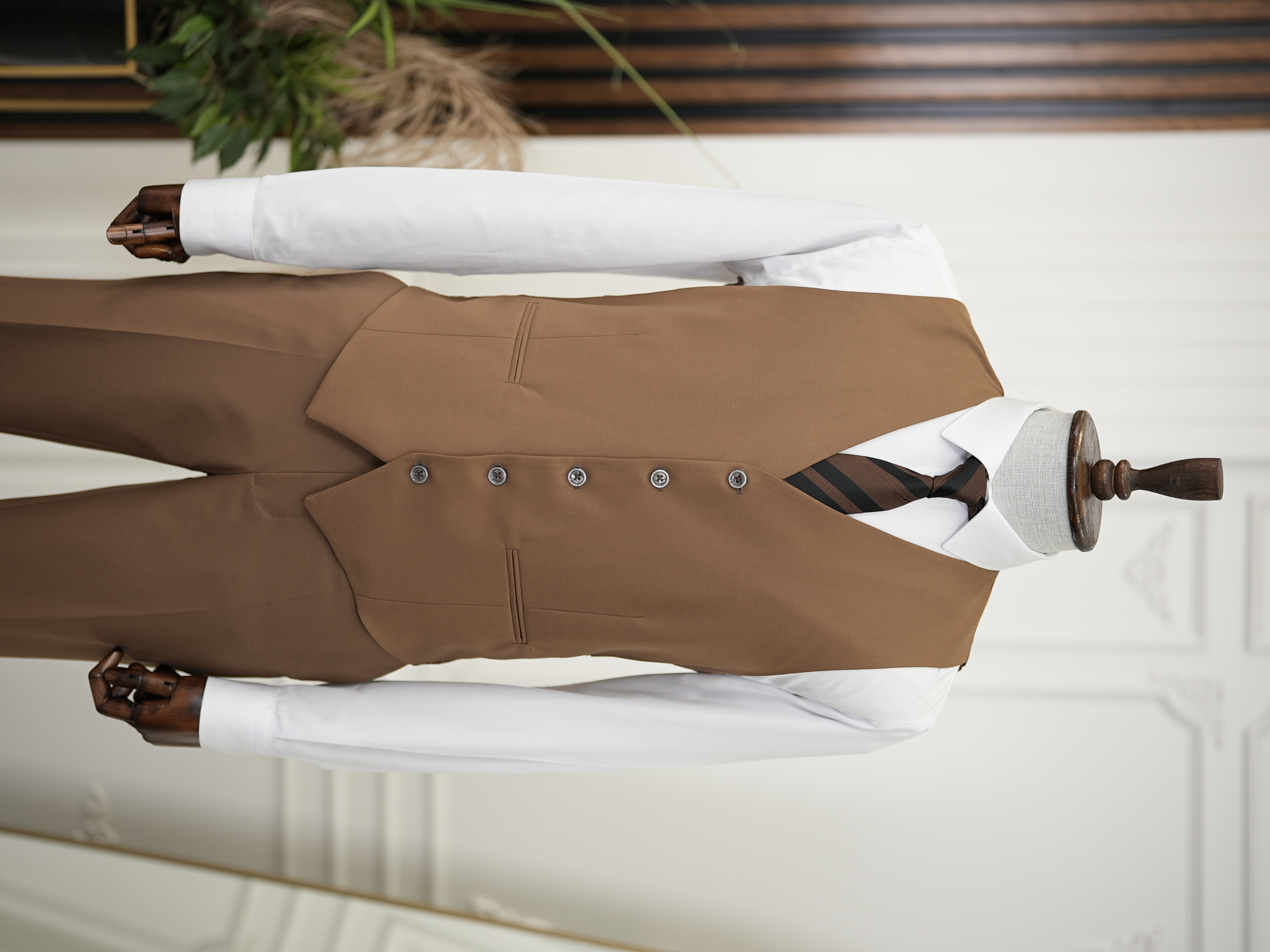Slim Fit  Takım Elbise Ceket Yelek Pantolon - Kahve