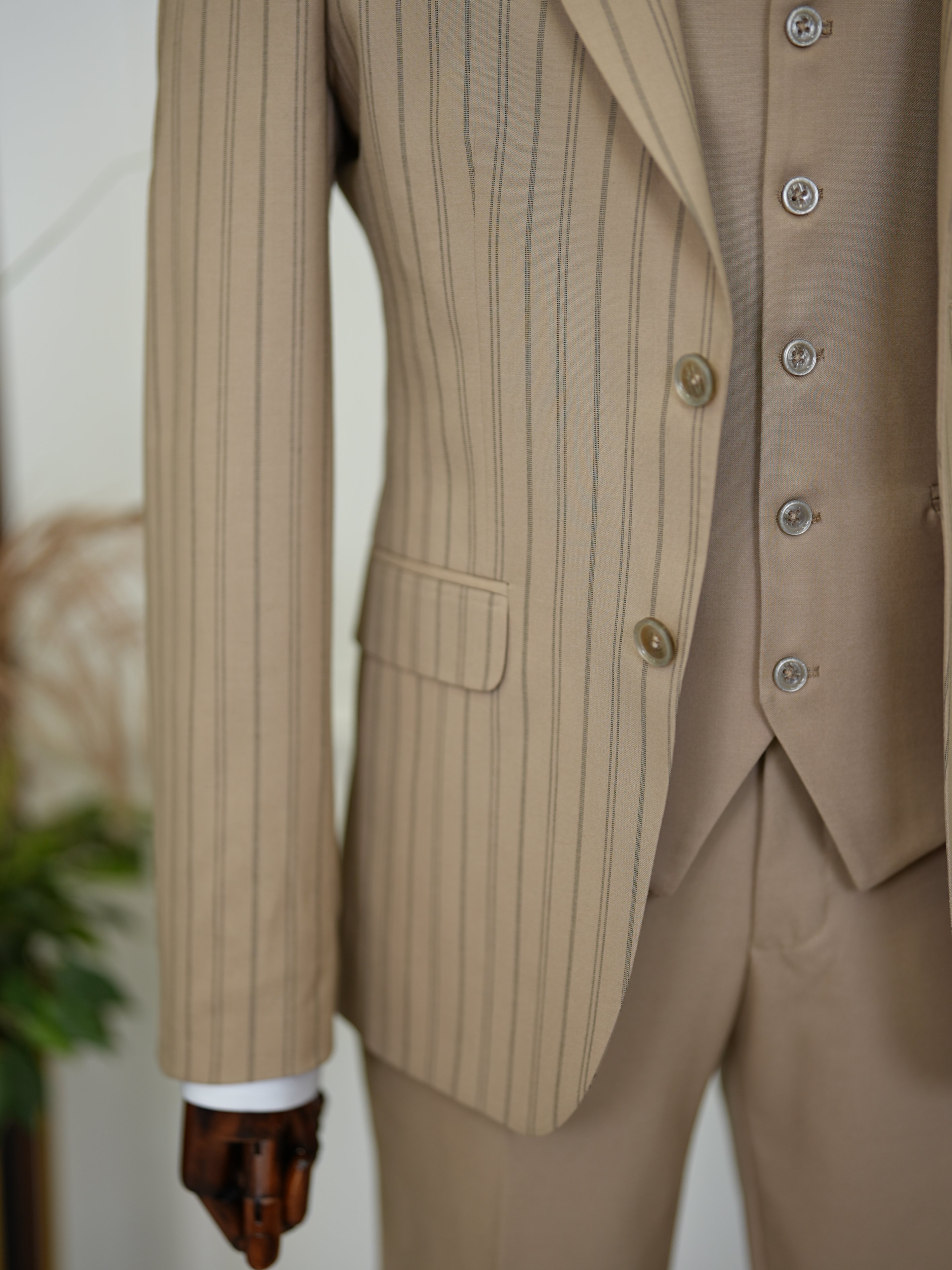 Slim Fit  Takım Elbise Ceket Yelek Pantolon - Krem