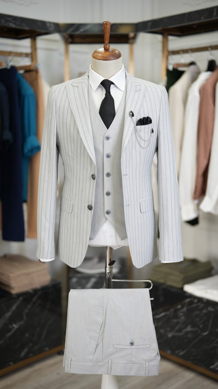 Slim Fit  Takım Elbise Ceket Yelek Pantolon - Açık gri