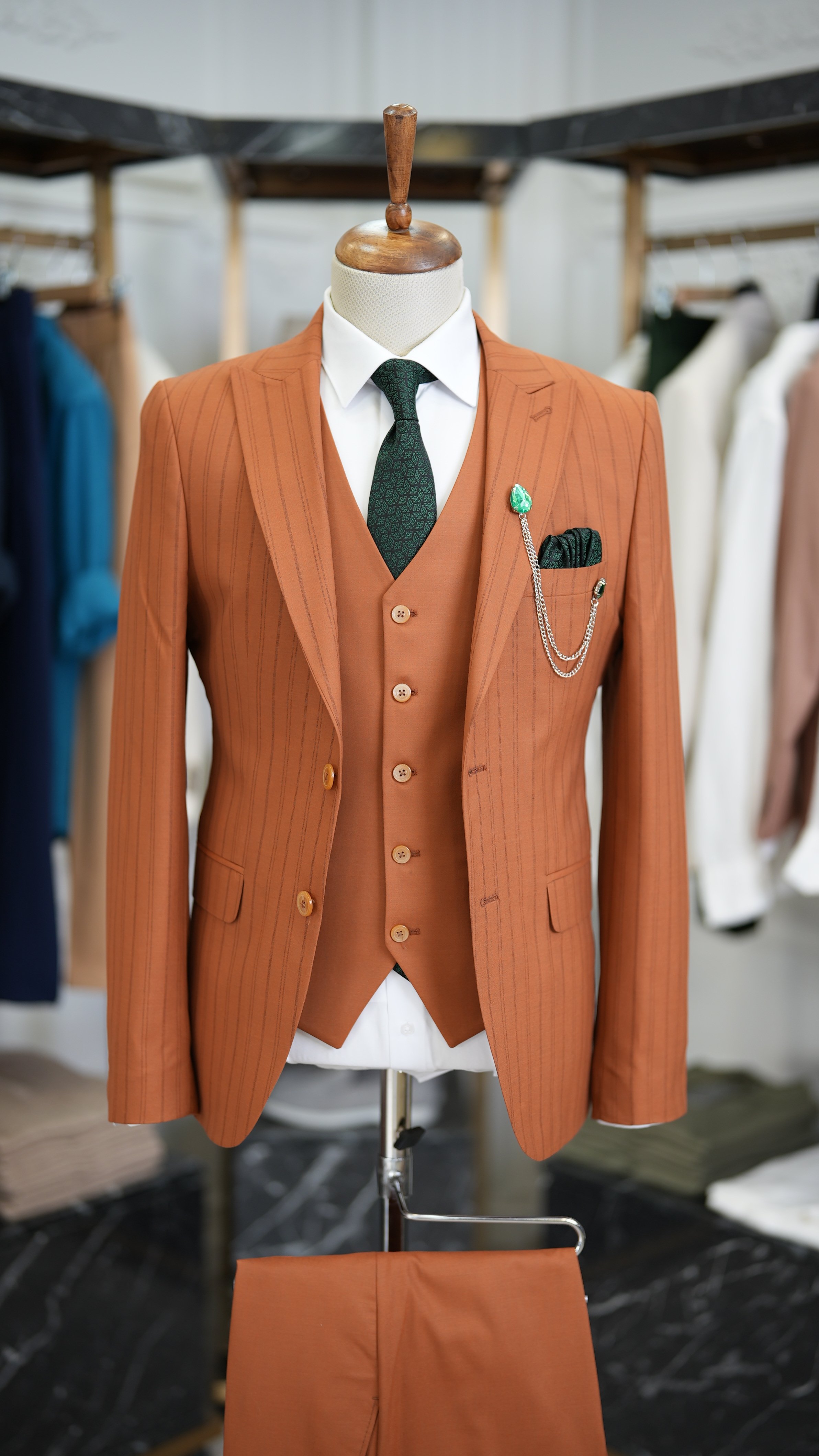 Slim Fit  Takım Elbise Ceket Yelek Pantolon - Kiremit