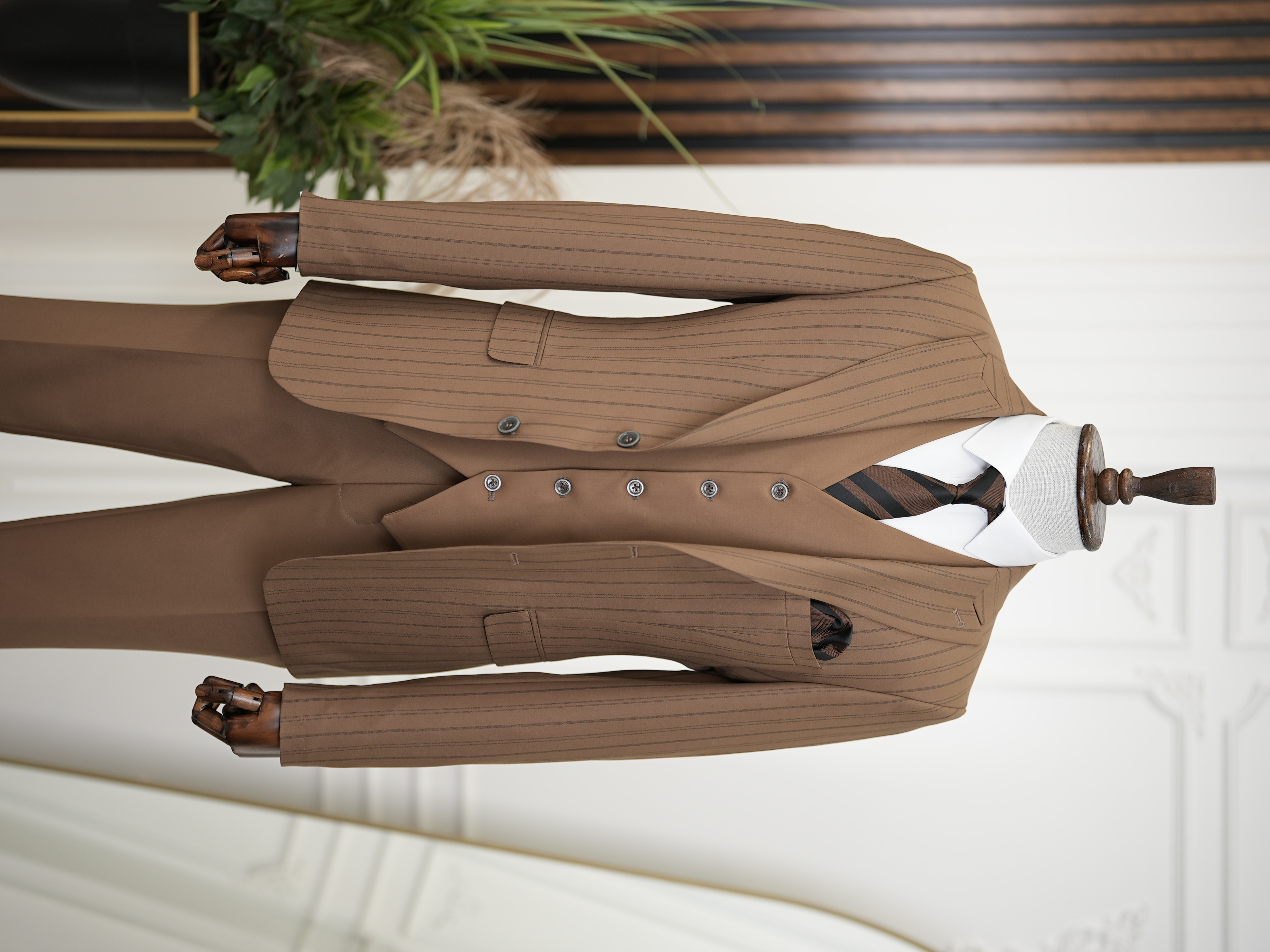 Slim Fit  Takım Elbise Ceket Yelek Pantolon - Kahve