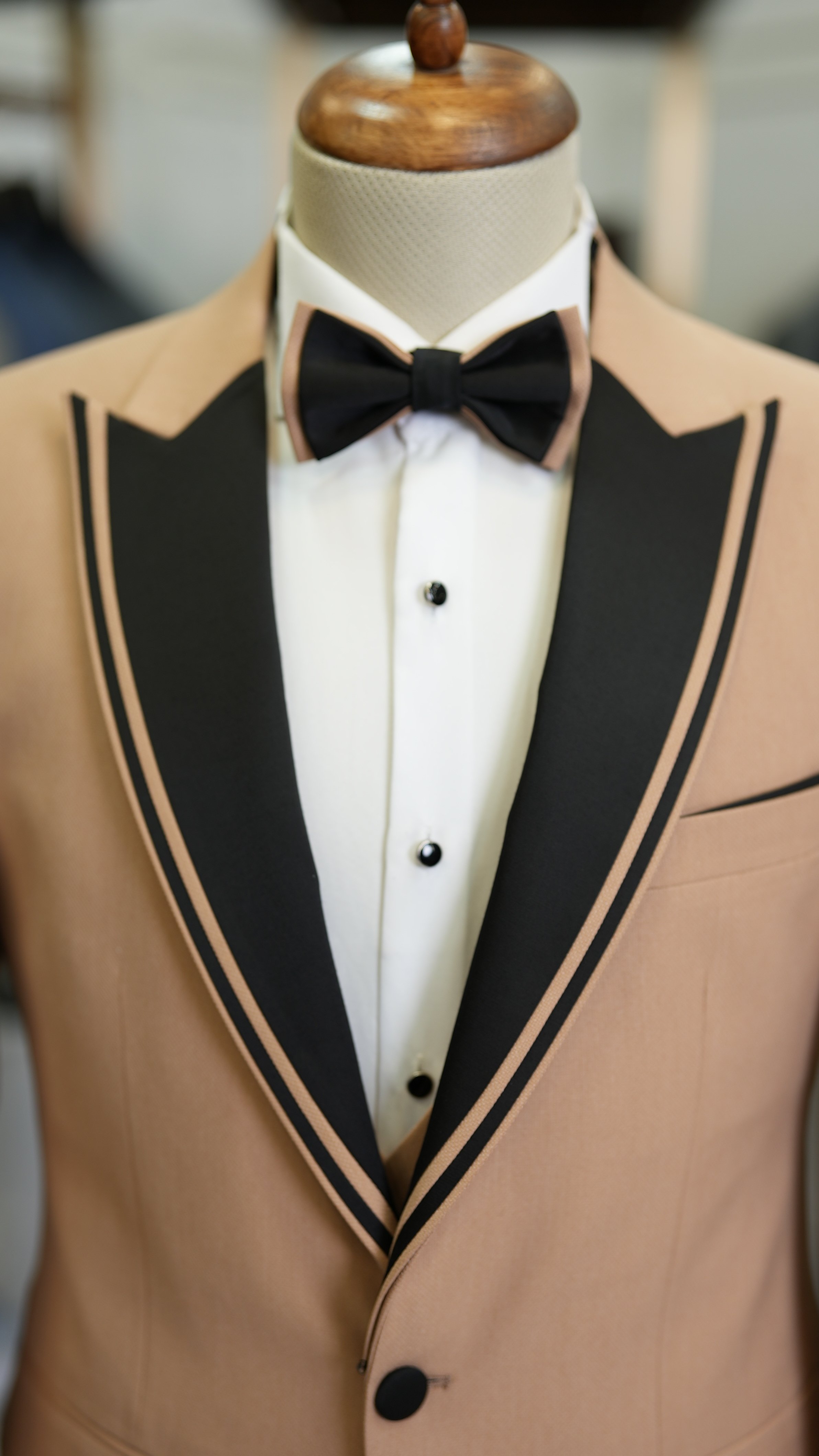 Slm Fit Damatlık Smokin Ceket Yelek Pantolon Papyon-Krem