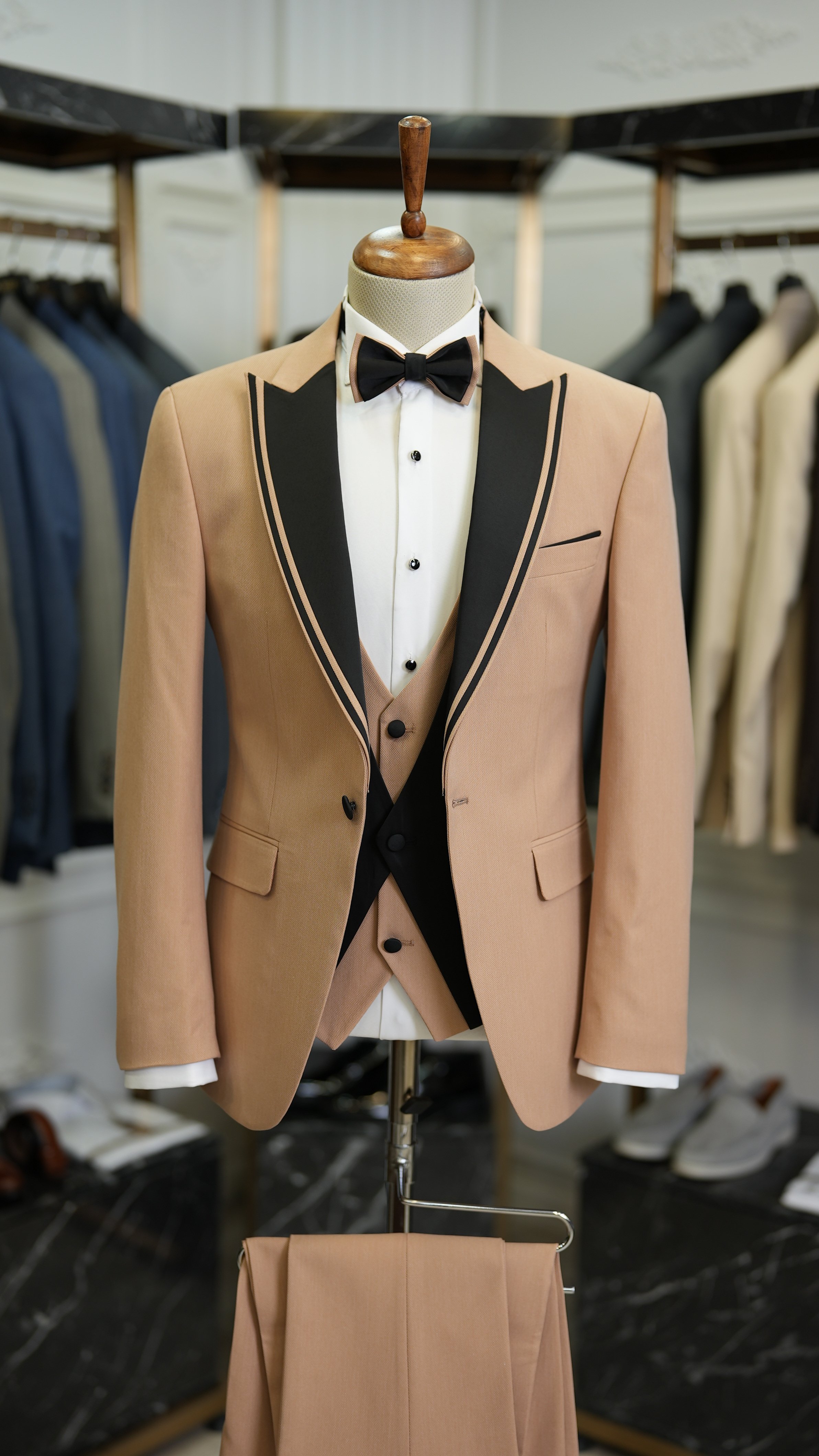 Slm Fit Damatlık Smokin Ceket Yelek Pantolon Papyon-Krem