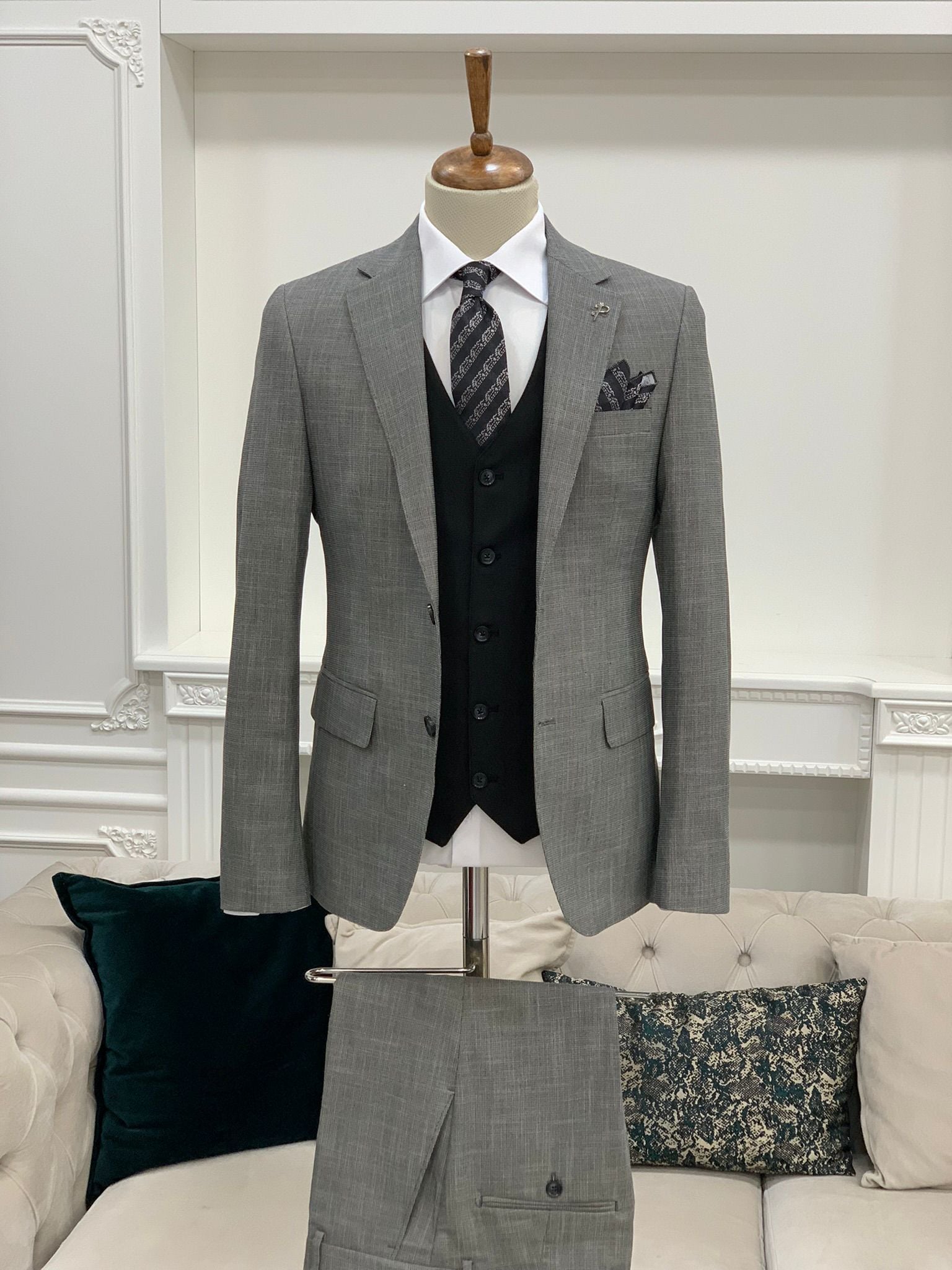Abito Slim Fit Giacca Gilet Pantaloni-Grigio