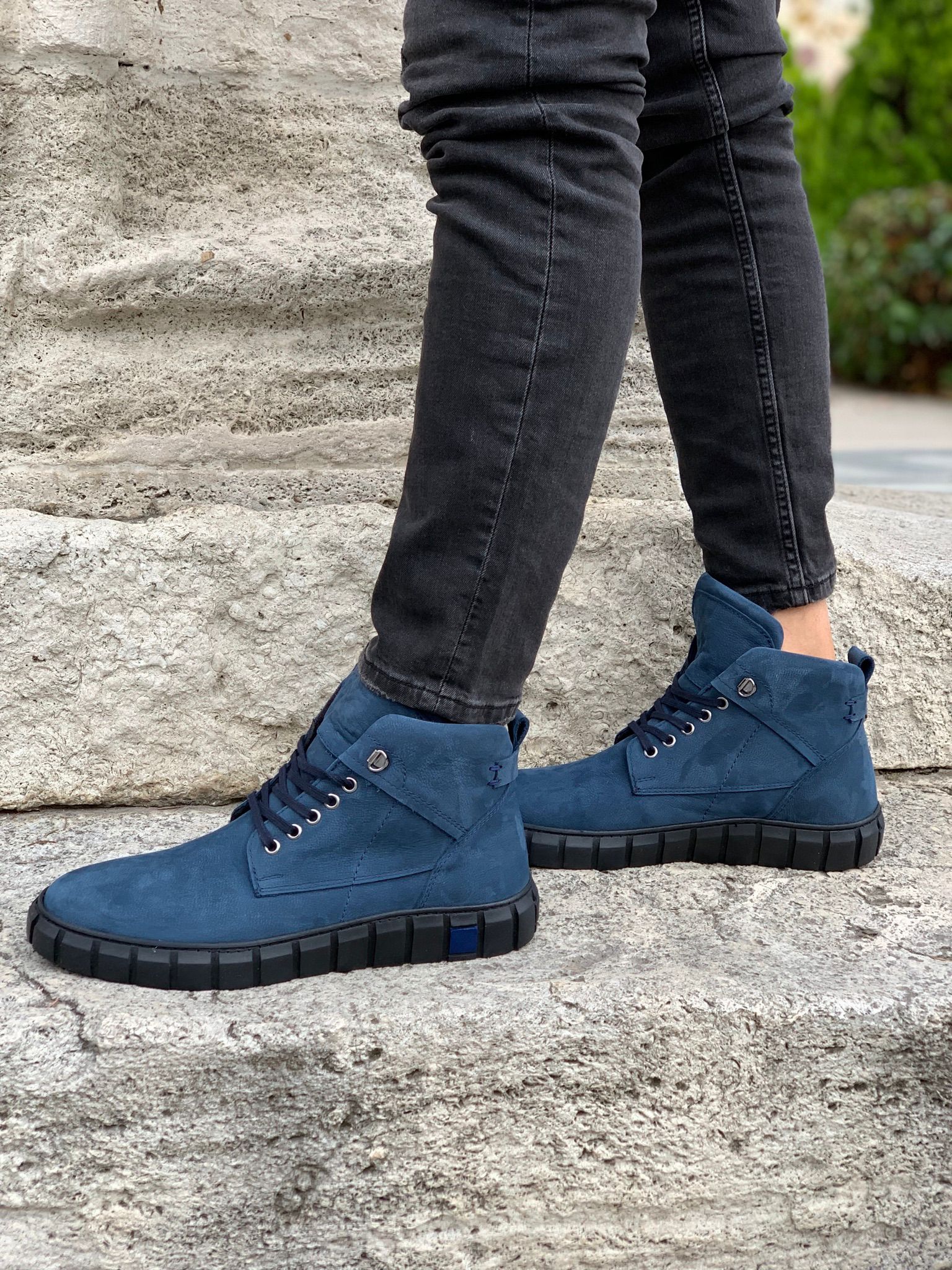 Bağcıklı Hakiki Deri Bot-Mavi