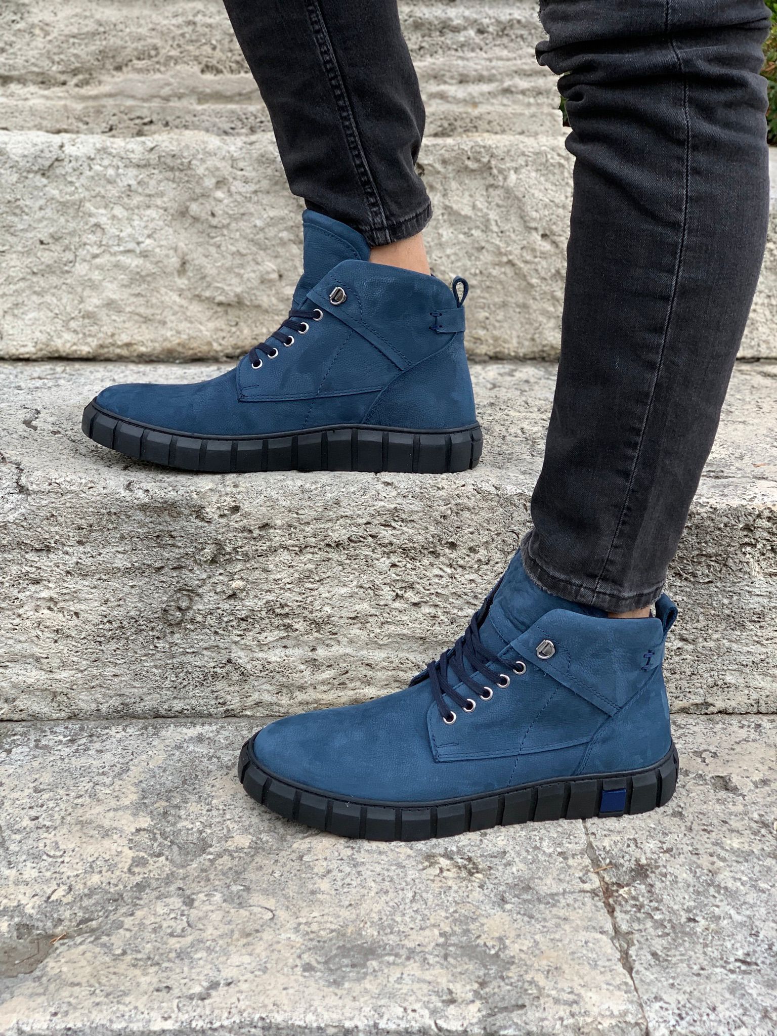 Bağcıklı Hakiki Deri Bot-Mavi