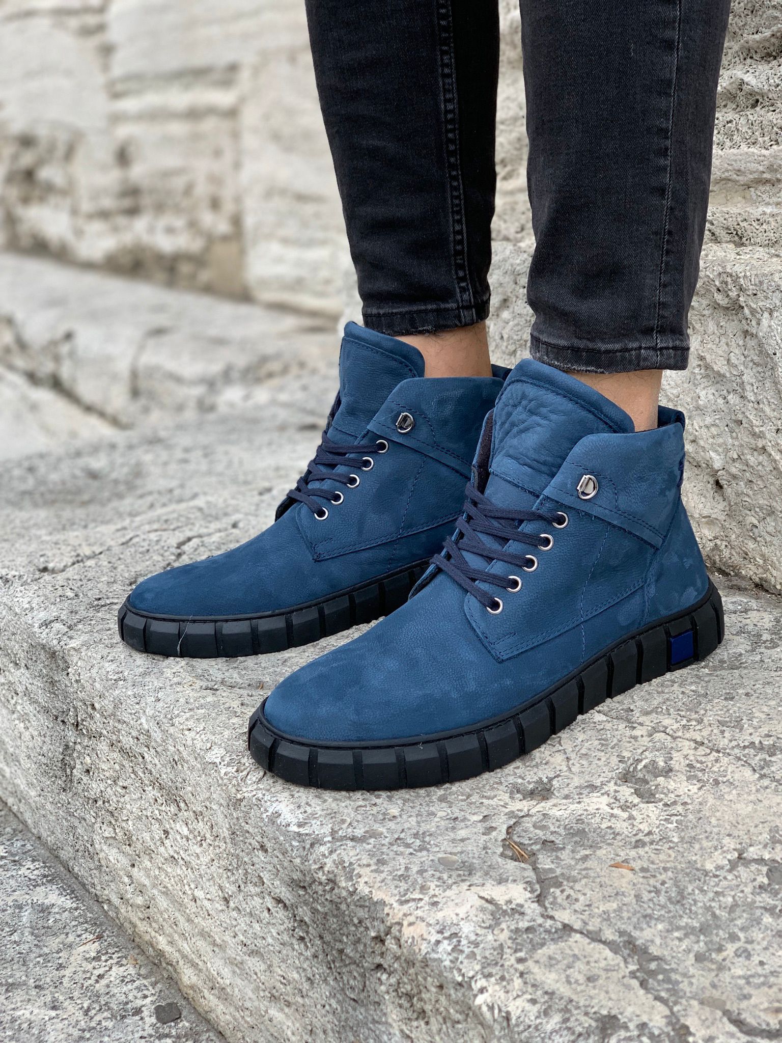 Bağcıklı Hakiki Deri Bot-Mavi