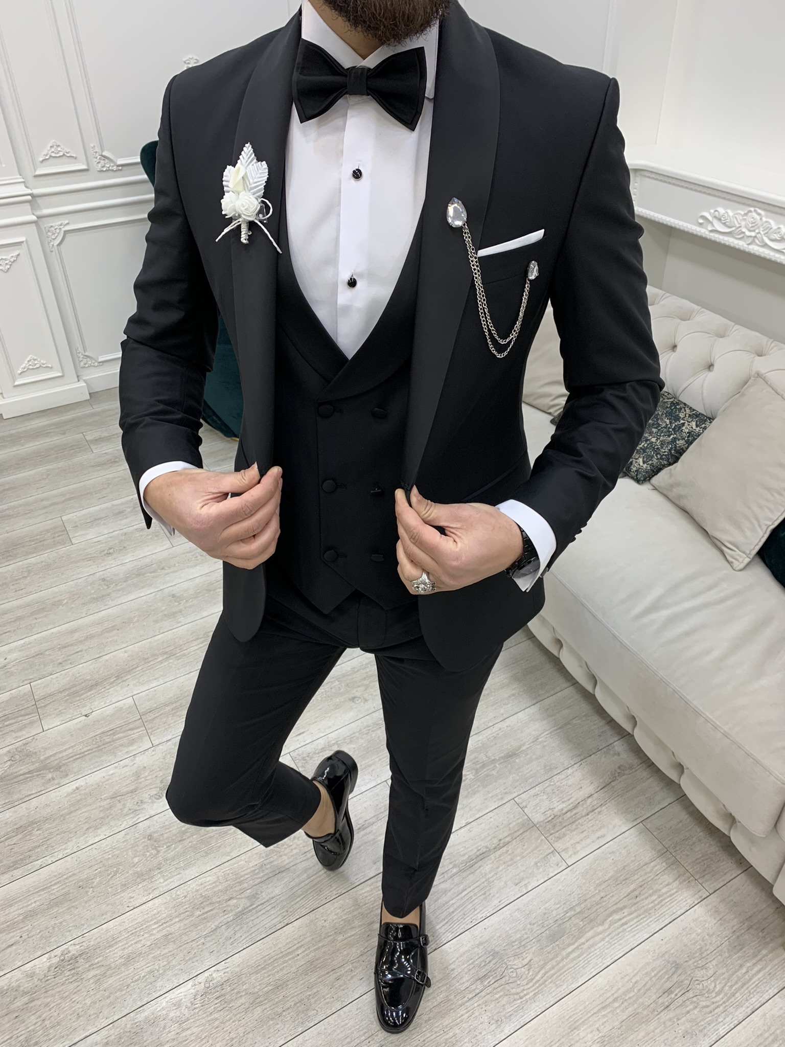 Giacca da sposo king size da smoking, gilet, pantaloni, papillon - Nero