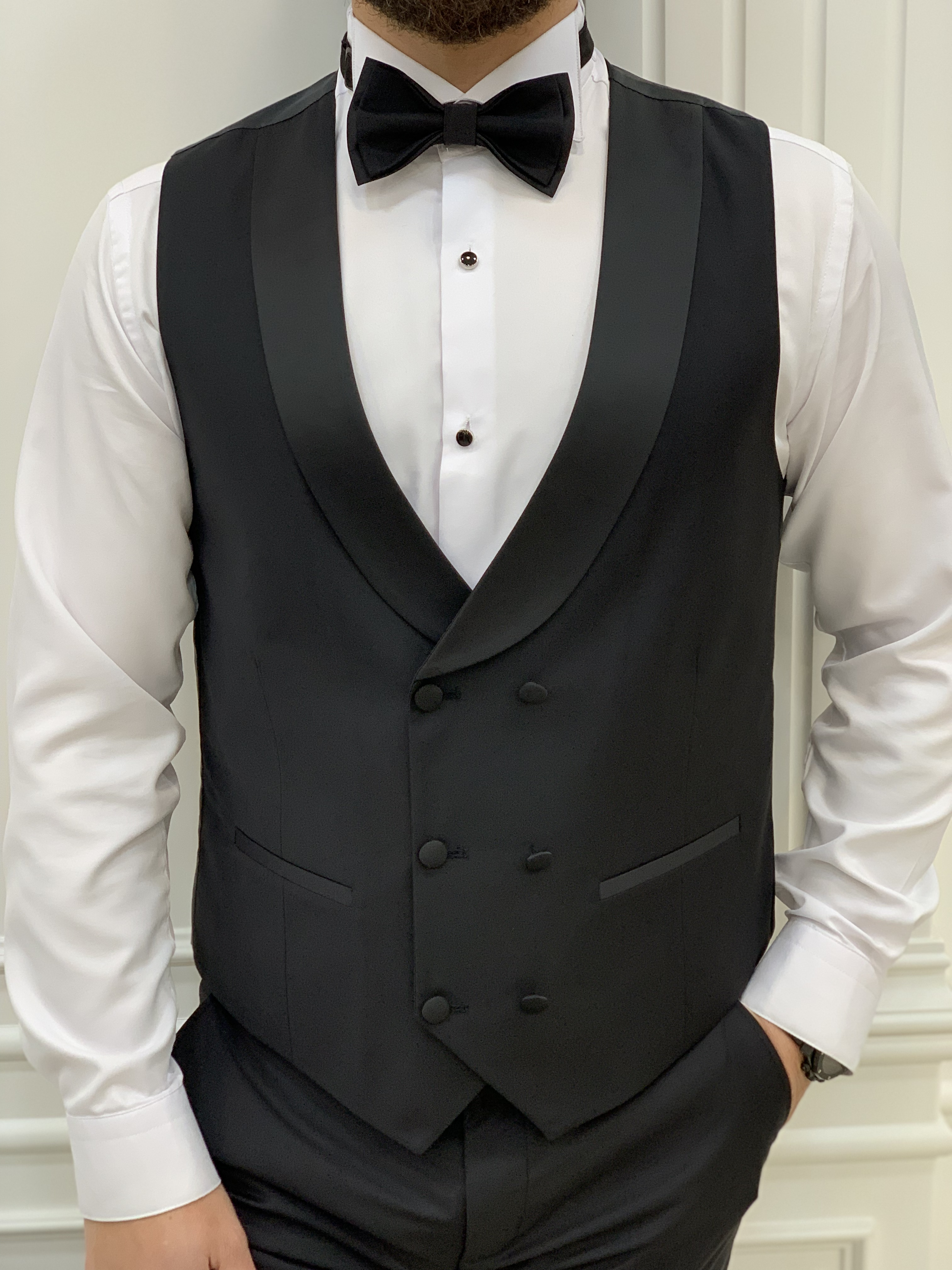 Giacca da sposo king size da smoking, gilet, pantaloni, papillon - Nero