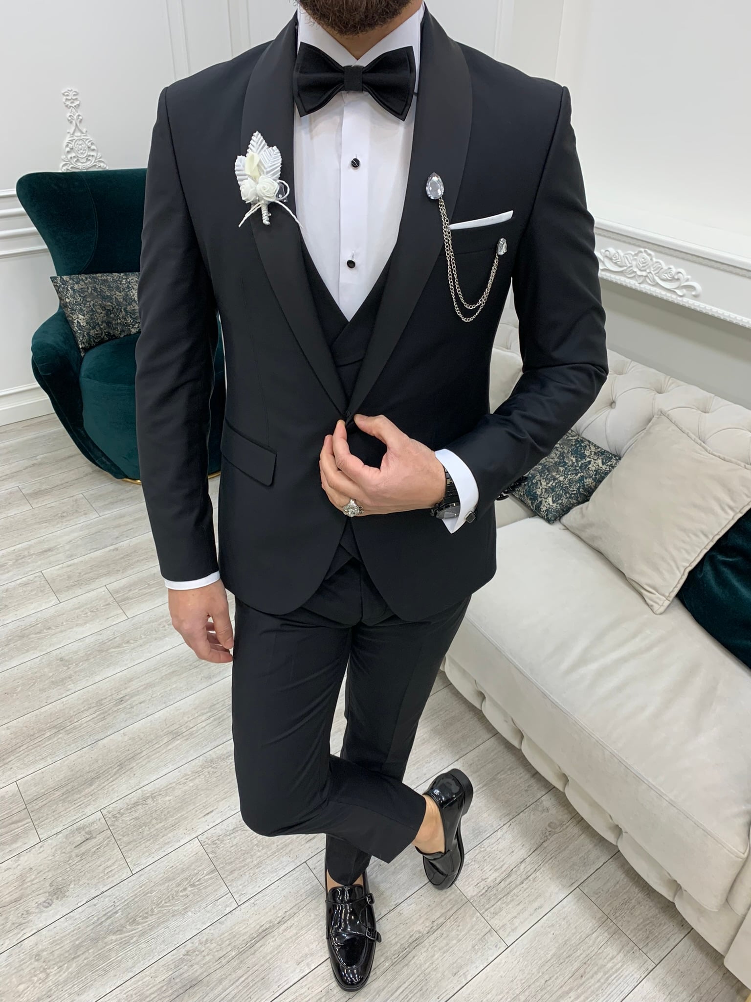 Giacca da sposo king size da smoking, gilet, pantaloni, papillon - Nero
