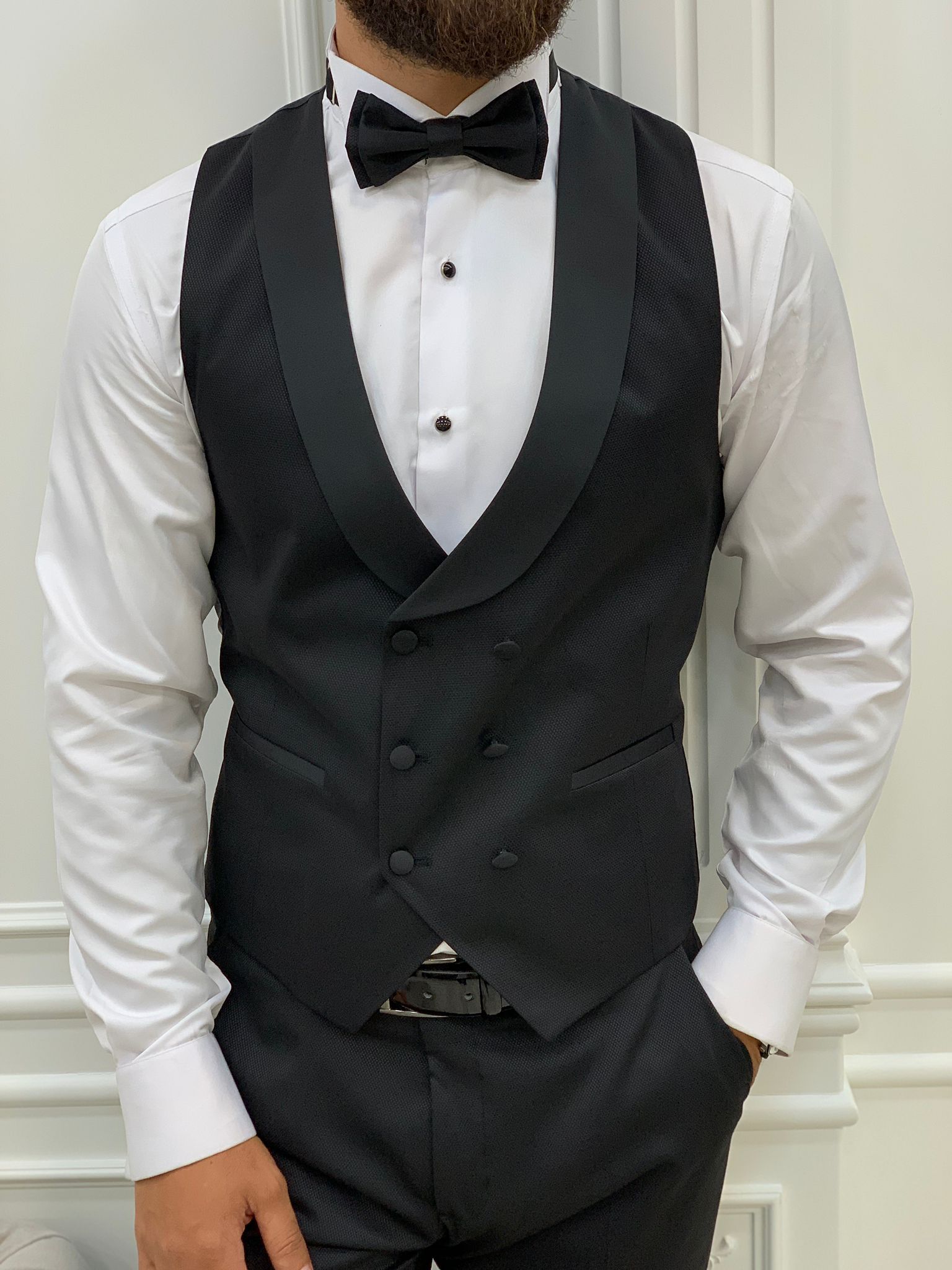 Abito da sposo taglie forti Giacca da smoking Gilet Pantaloni Papillon - Nero