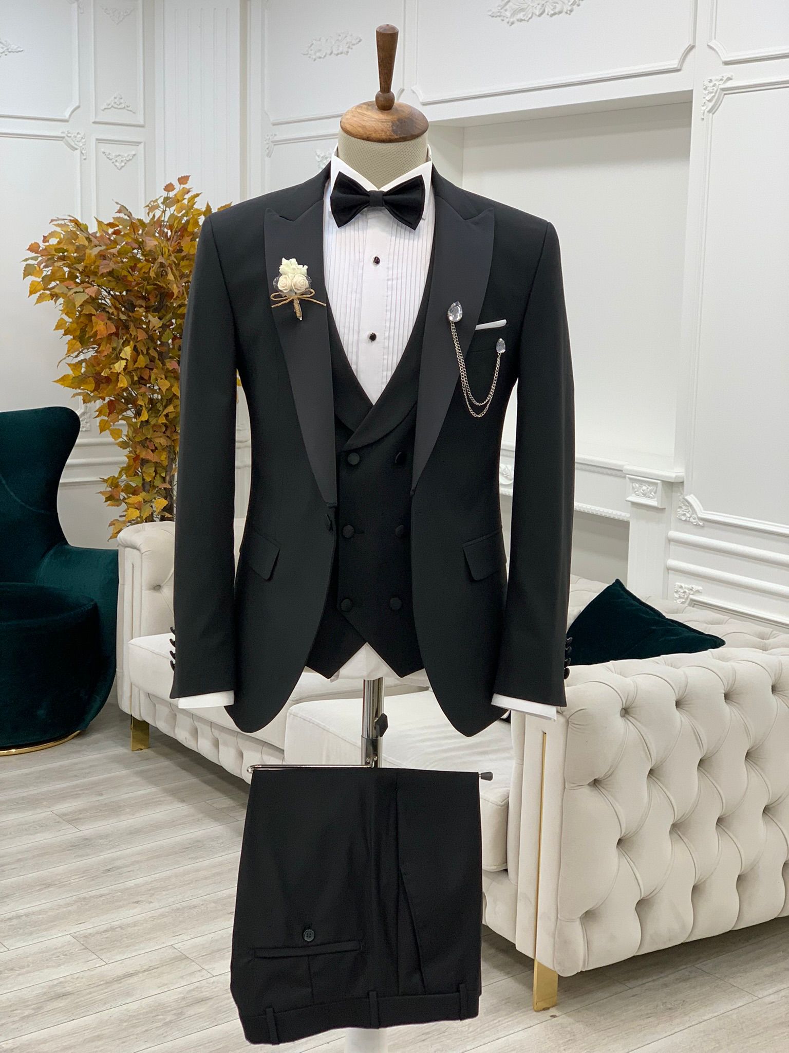 Abito da sposo taglie forti Giacca da smoking Gilet Pantaloni Papillon - Nero