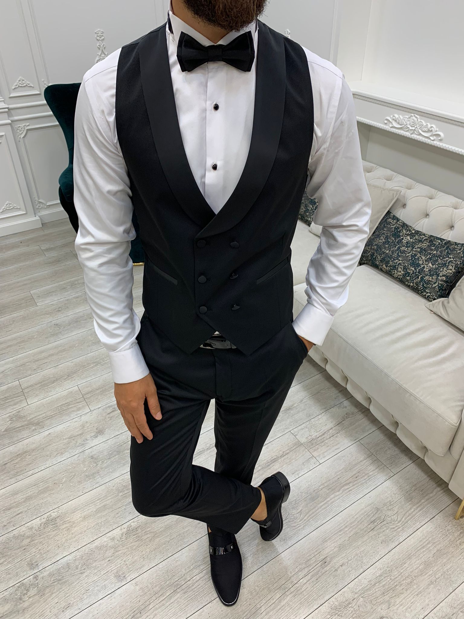 Abito da sposo taglie forti Giacca da smoking Gilet Pantaloni Papillon - Nero